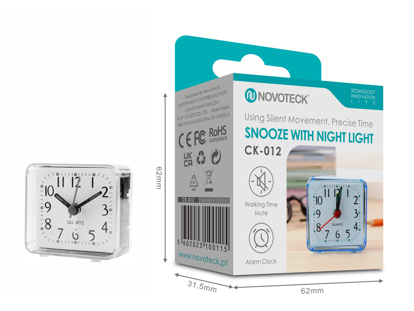 Despertador com Luz Noturna e Silêncio Operacional NOVOTECK CK-012 Branco