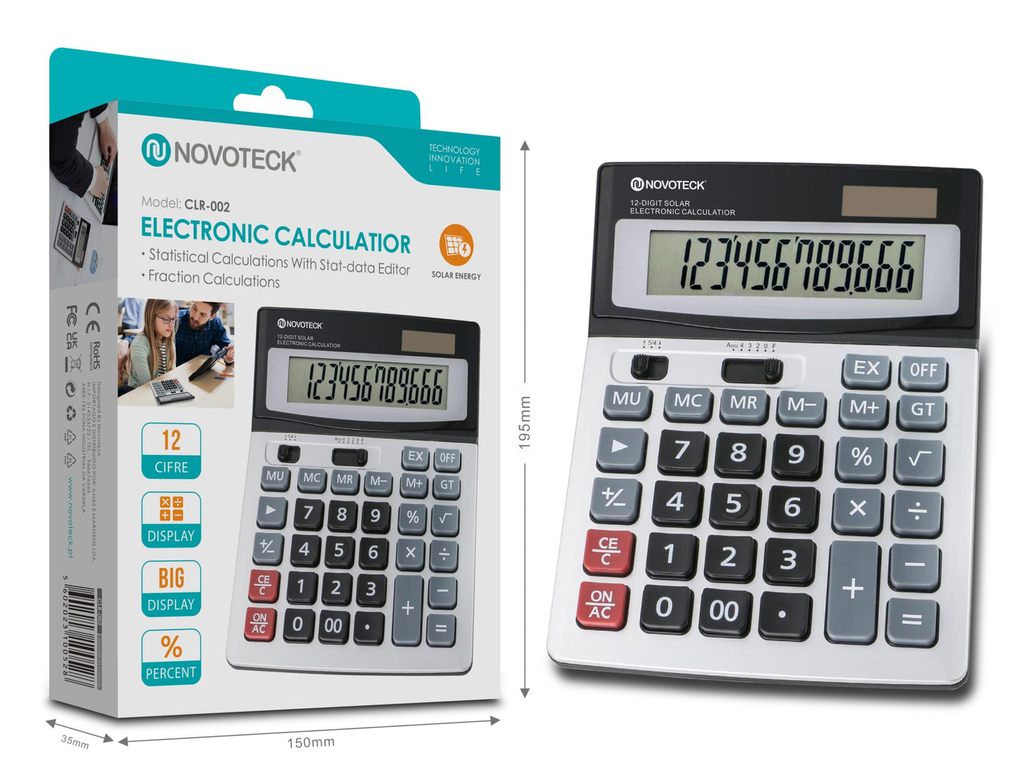 Calculadora Eletrônica NOVOTECK CLR-002 de 12 Dígitos com Funções Estatísticas e Energia Solar