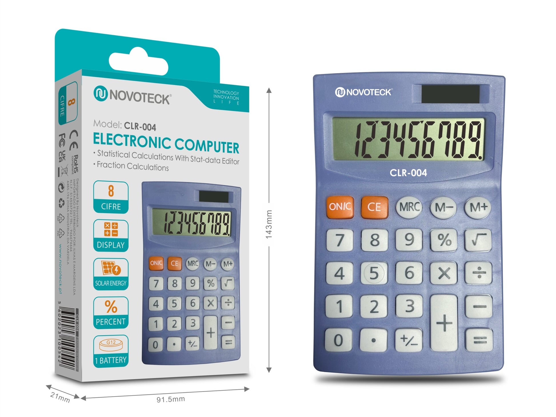 Calculadora Eletrônica Compacta NOVOTECK CLR-004 com Display de 8 Dígitos