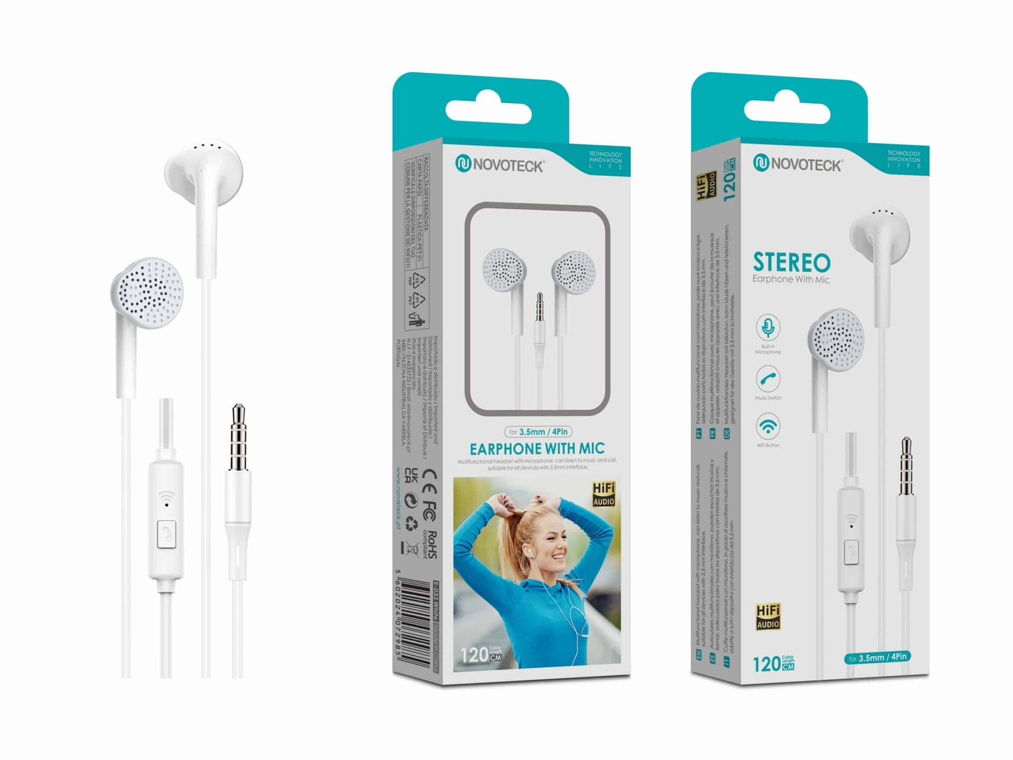 Auriculares Estéreo Branco E-033 com Microfone – Jack 3.5mm, Hi-Fi Áudio, Cabo de 1,2m