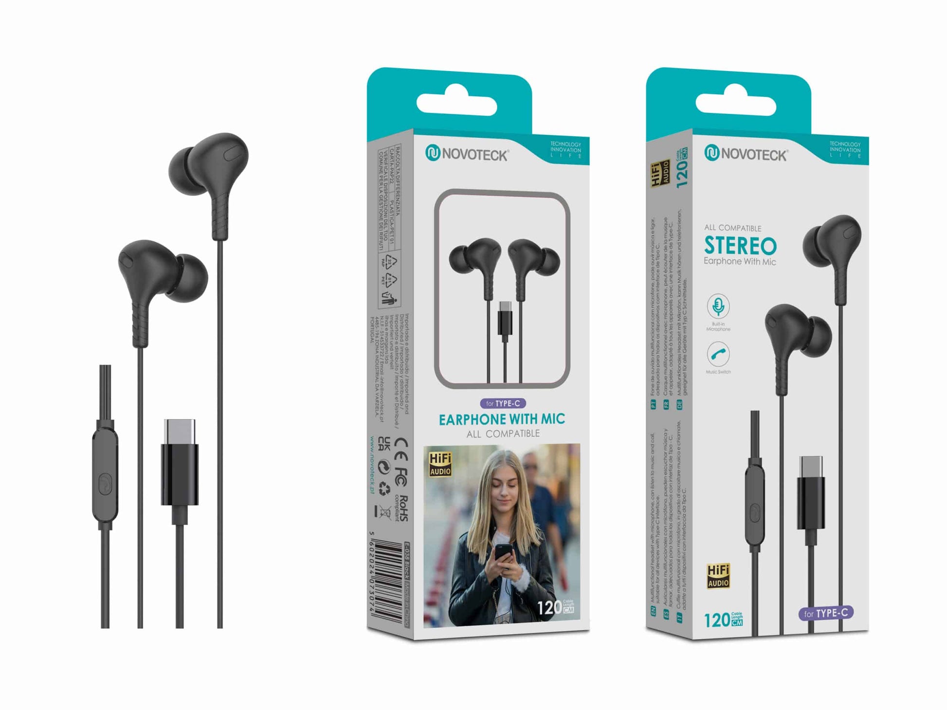 Auriculares Estéreo com Microfone Novoteck E-038 – Conexão USB-C, Áudio Hi-Fi