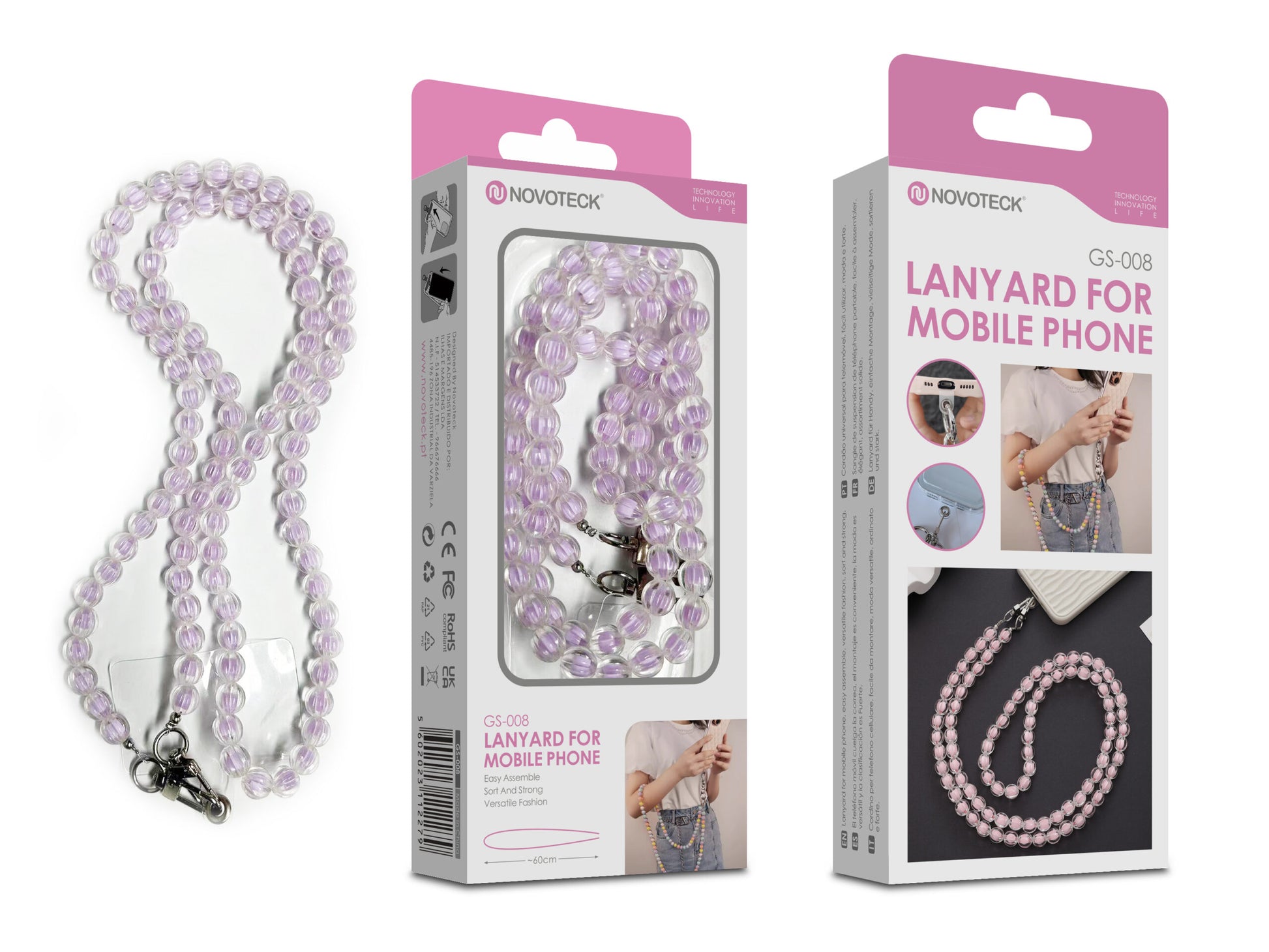 Cordão Pedra Pêssego para Telemóvel NOVOTECK GS-008 Roxo