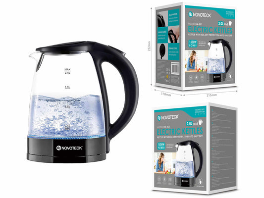 Chaleira Elétrica de Vidro Novoteck HA-003 – 2.0L, 1500W, Proteção contra Fervura a Seco