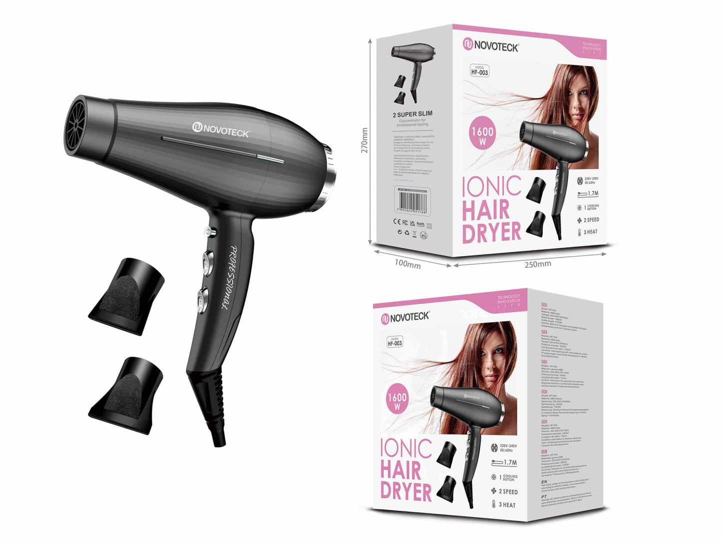 Secador de Cabelo HF-003 - 1600W, Tecnologia Iónica, 3 Temperaturas, 2 Velocidades, 2 Bicos Concentradores
