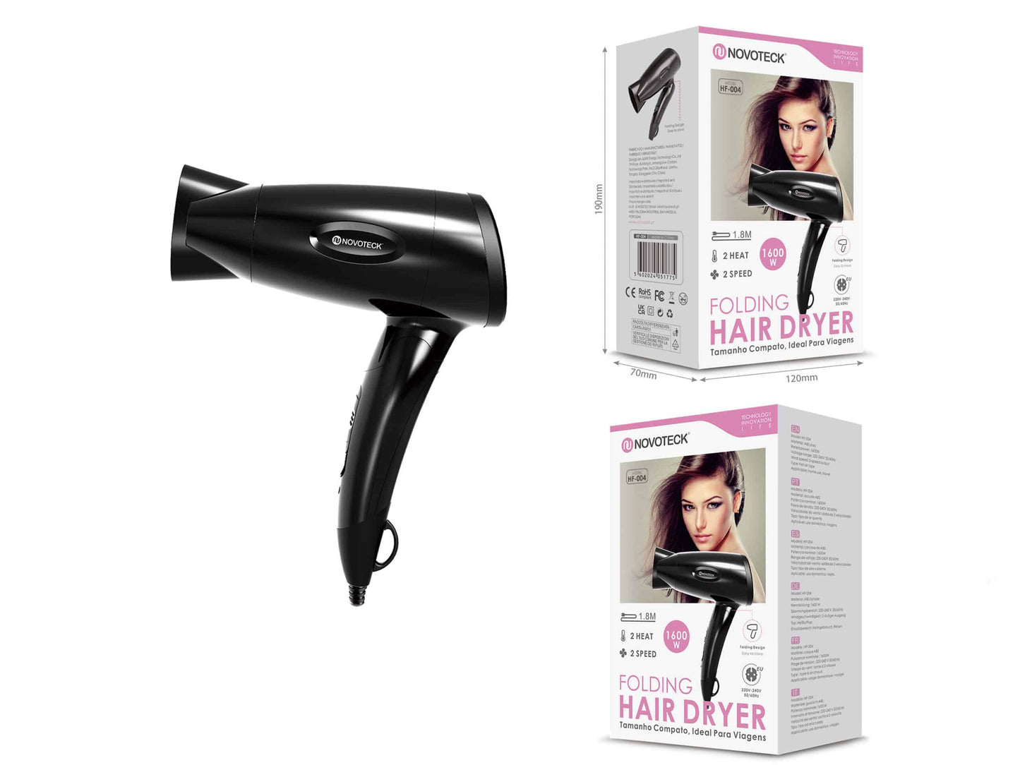 Secador de Cabelo Dobrável HF-004 - 1600W, Compacto, 2 Temperaturas, Ideal para Viagens