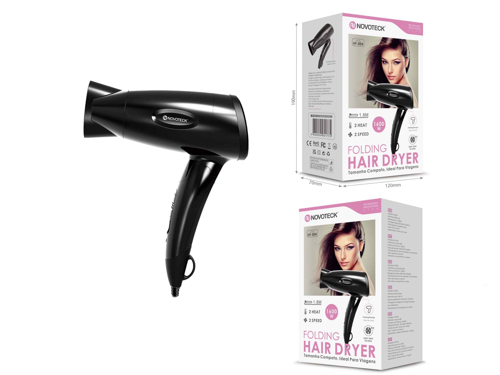 Secador de Cabelo Dobrável HF-004 - 1600W, Compacto, 2 Temperaturas, Ideal para Viagens
