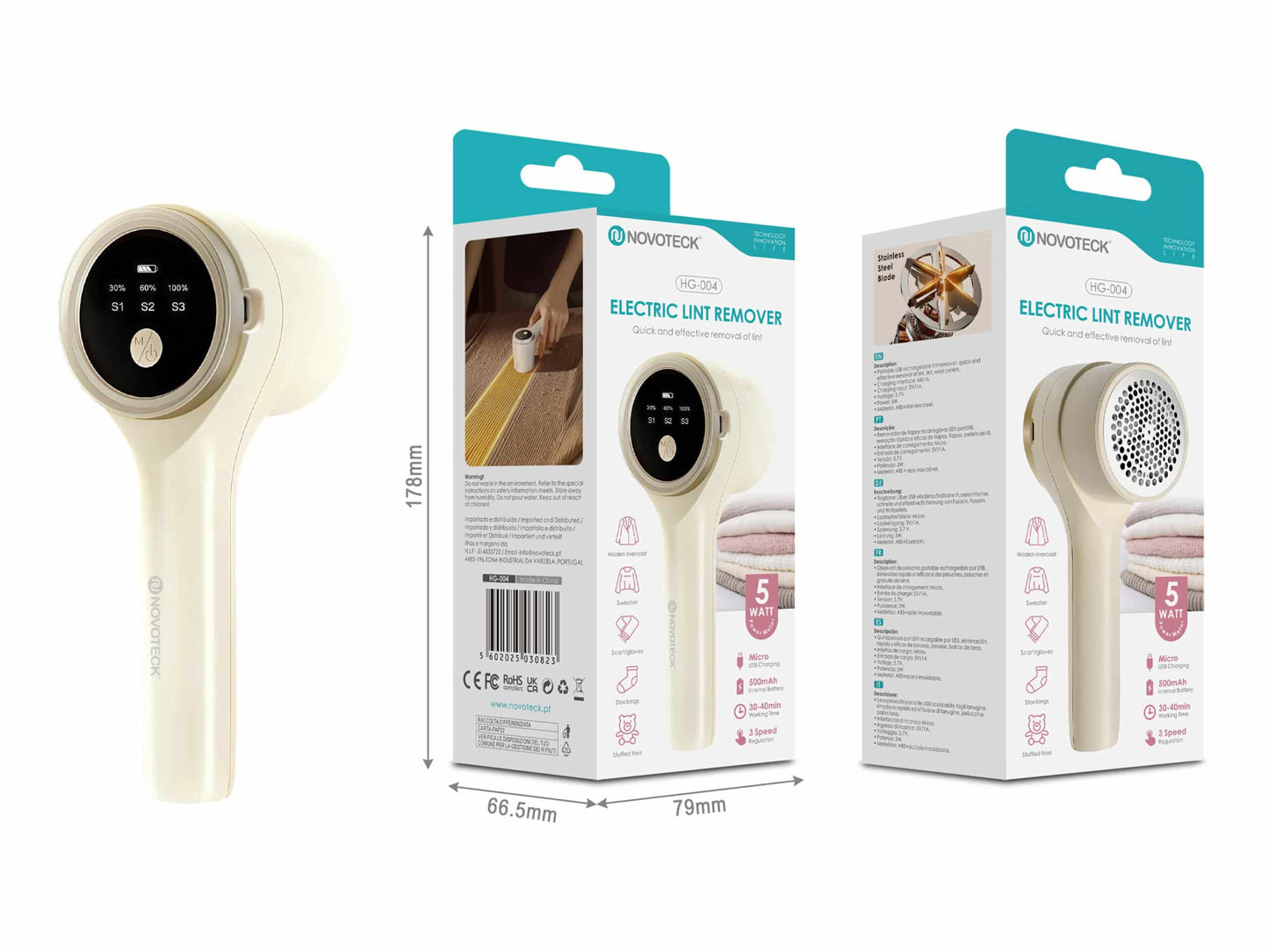 Removedor de Borbotos Elétrico Novoteck HG-004 – Recarregável 5W com Visor Digital, 3 Velocidades, Bateria 500mAh, USB Micro, Ideal para Roupas e Esto