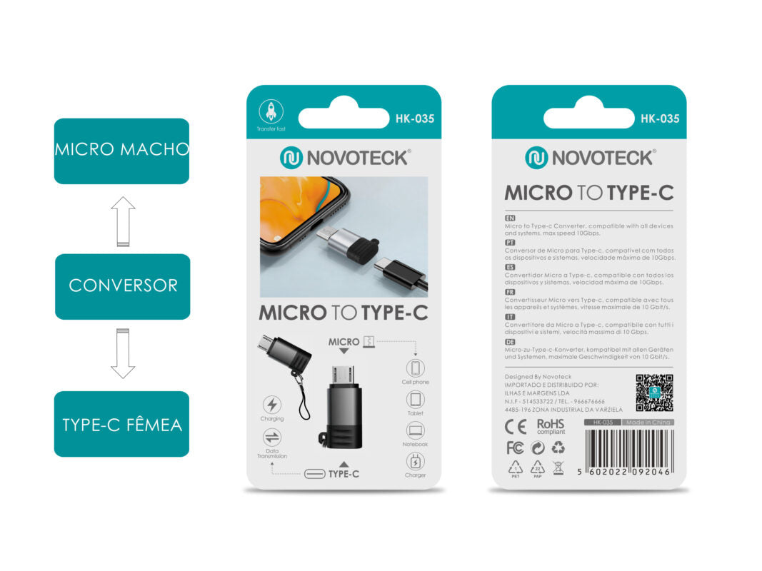Adaptador NOVOTECK HK-035 de Micro USB para Type-C - Conexão Rápida e Versátil para a Nova Geração de Dispositivos"