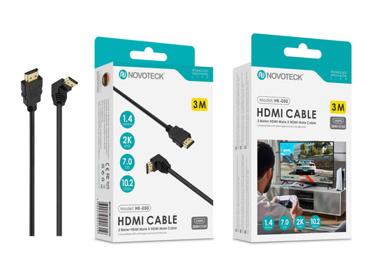 Cabo HDMI 3M Novoteck HK-050 com Ângulo de 90° – Versão 1.4, Suporte 2K UHD, 10.2Gbps Copy