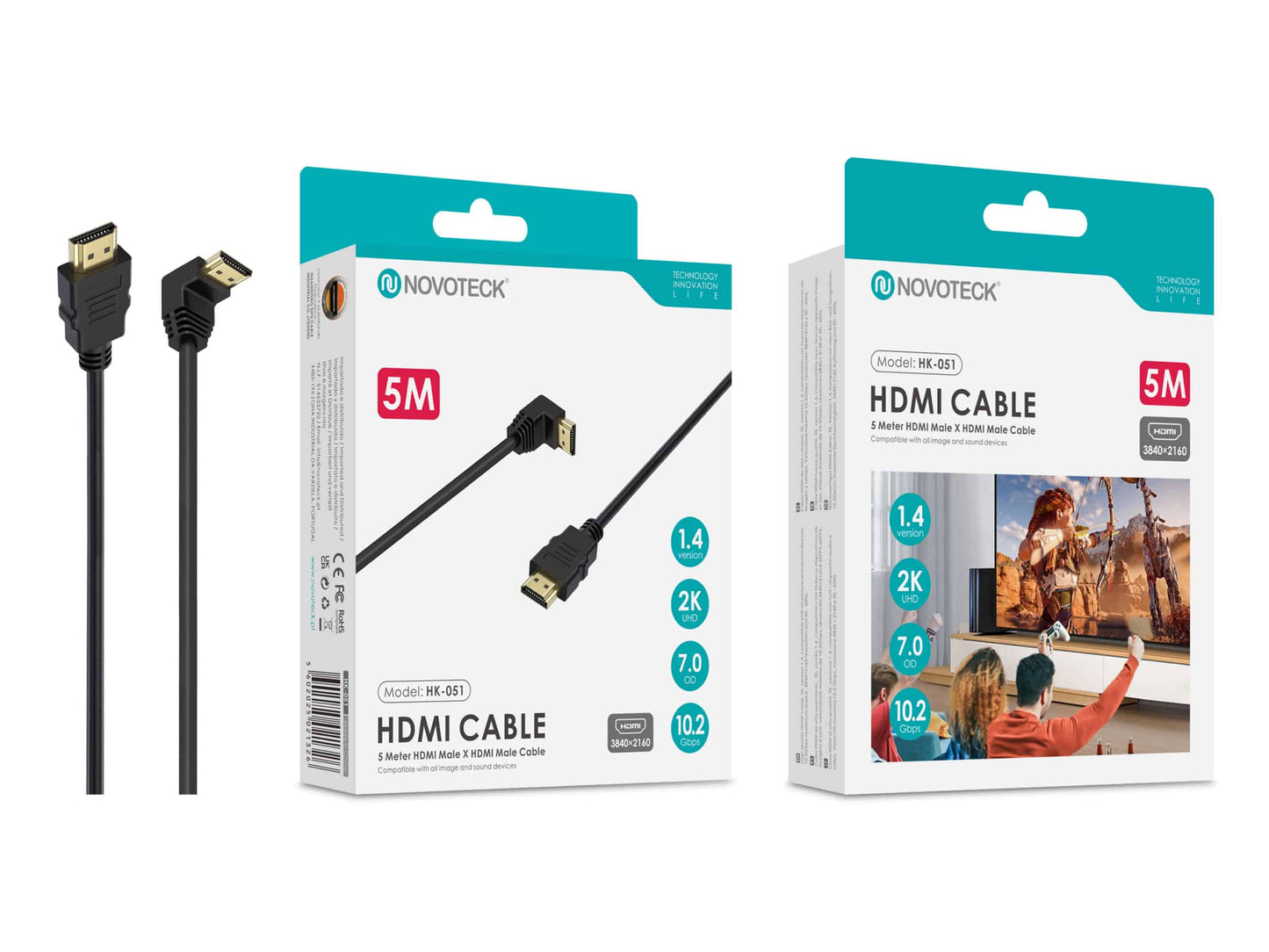Cabo HDMI 5M Novoteck HK-051 com Ângulo de 90° – Versão 1.4, Suporte 2K UHD, 10.2Gbps Copy Copy