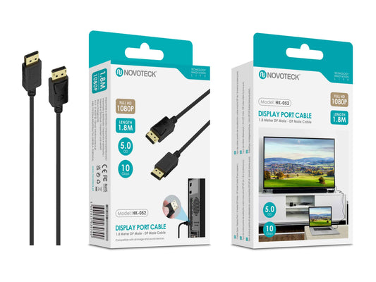 Cabo DisplayPort 1.8M Novoteck HK-052 – Macho para Macho, Full HD 1080p, 10Gbps, Preto