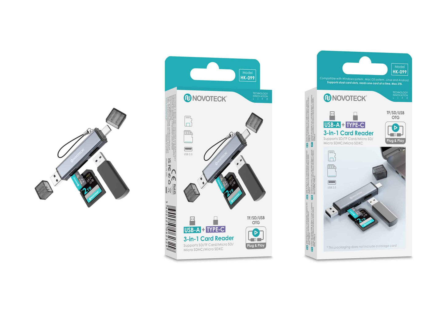 Leitor de Cartões 3 em 1 HK-099 – USB-A + Type-C, Compatível com SD, TF (MicroSD) e USB OTG