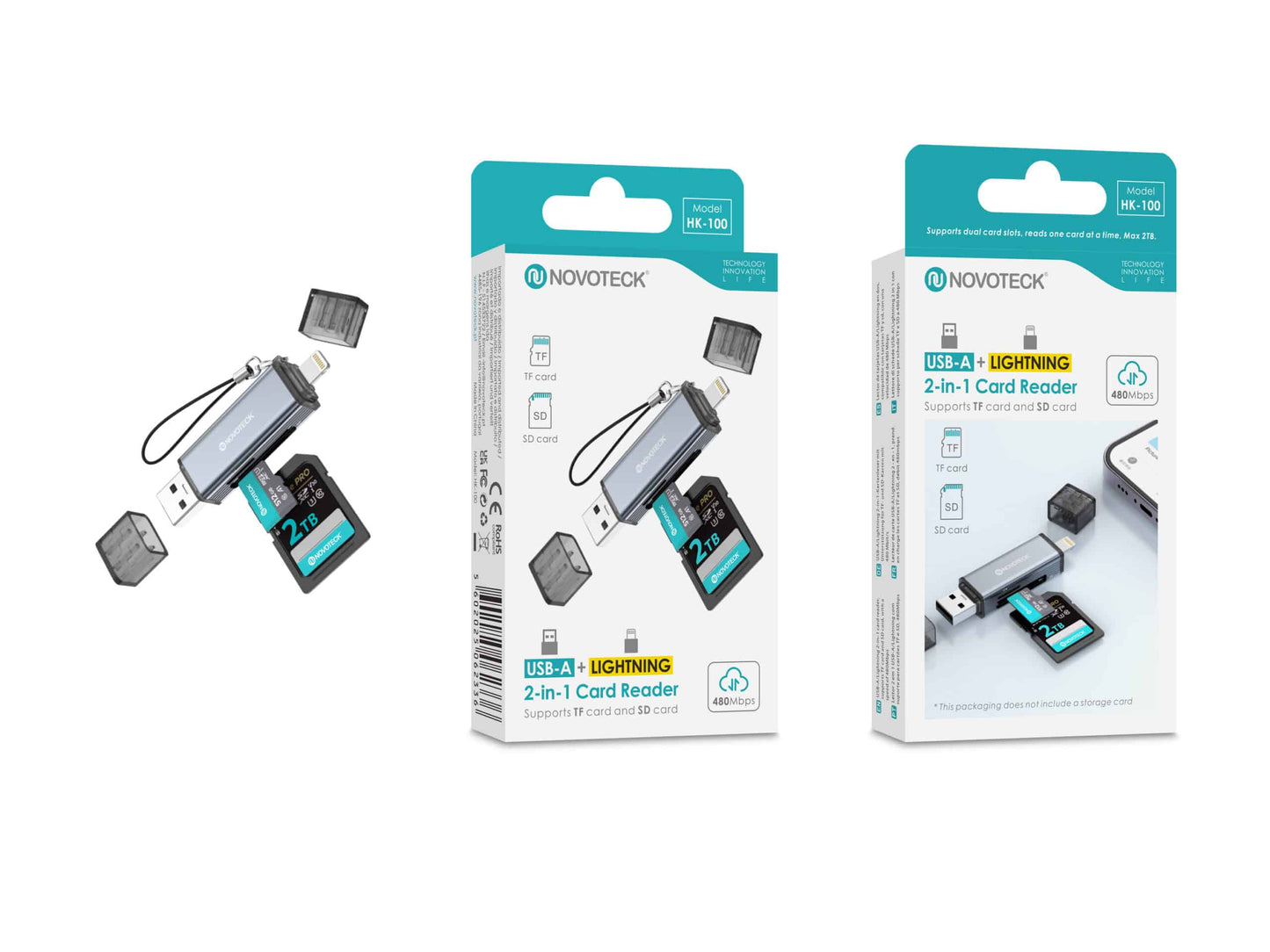 Leitor de Cartões 2 em 1 HK-100 – USB-A + Lightning, Compatível com SD e TF (MicroSD)