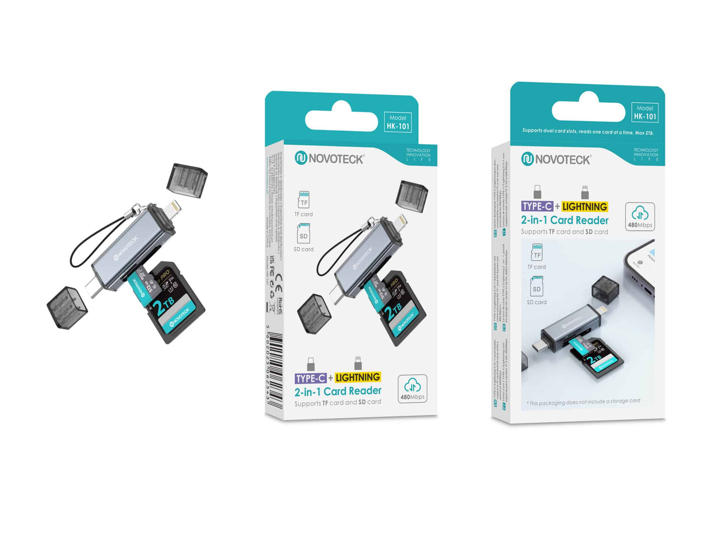 Leitor de Cartões 2 em 1 HK-101 – Type-C + Lightning, Compatível com SD e TF (MicroSD)