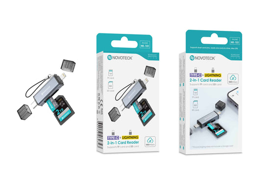 Leitor de Cartões 2 em 1 HK-101 – Type-C + Lightning, Compatível com SD e TF (MicroSD)