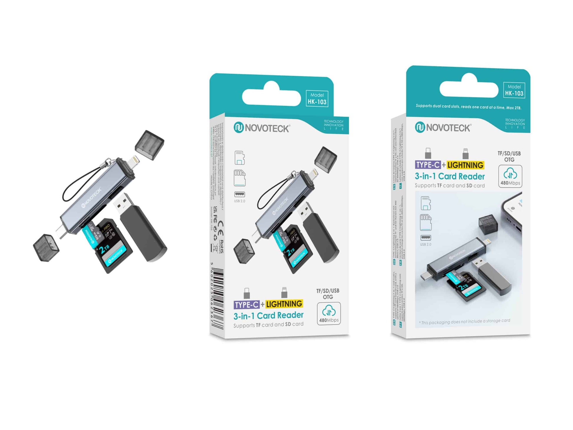 Leitor de Cartões 3 em 1 HK-103 – Type-C + Lightning, Compatível com SD, TF (MicroSD) e USB