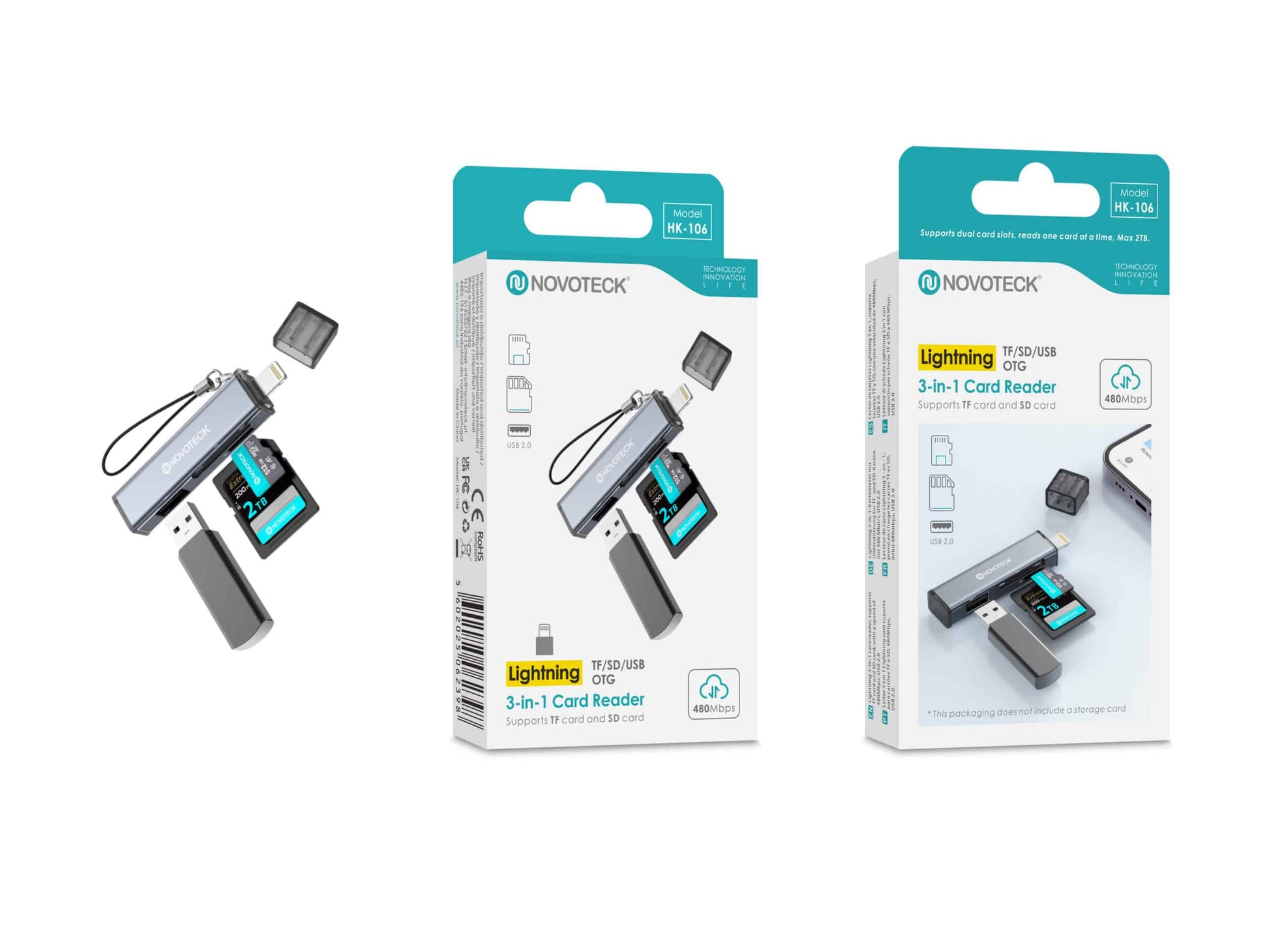 Leitor de Cartões 3 em 1 HK-106 – Lightning, Compatível com SD, TF (MicroSD) e USB