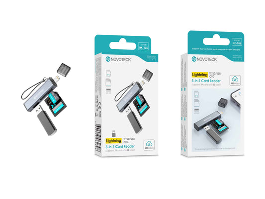 Leitor de Cartões 3 em 1 HK-106 – Lightning, Compatível com SD, TF (MicroSD) e USB