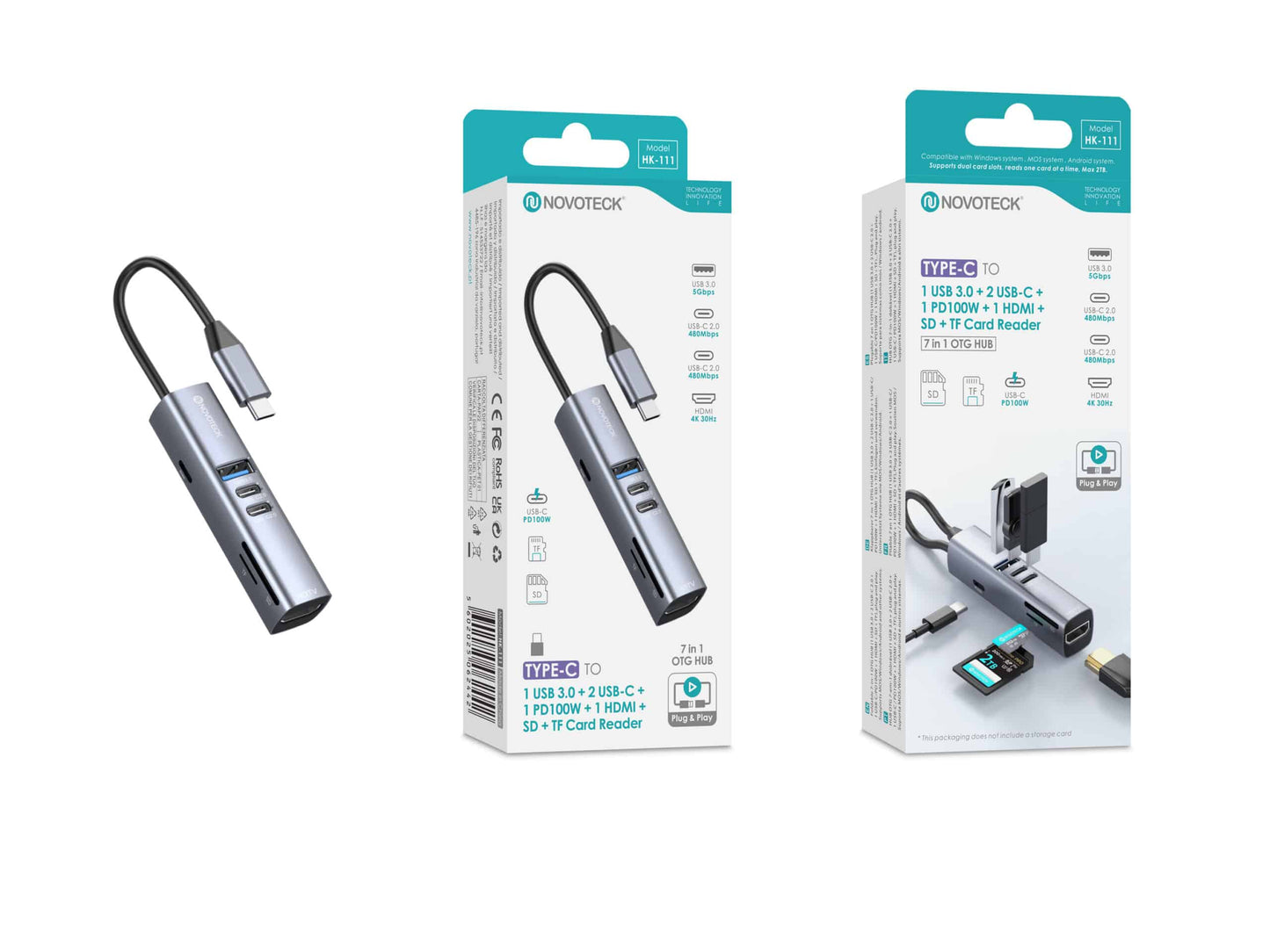 Hub USB-C HK-111 com 1 USB 3.0 + 2 USB-C + 1 USB-C PD 100W + 1 HDMI + Leitor de Cartões SD e TF
