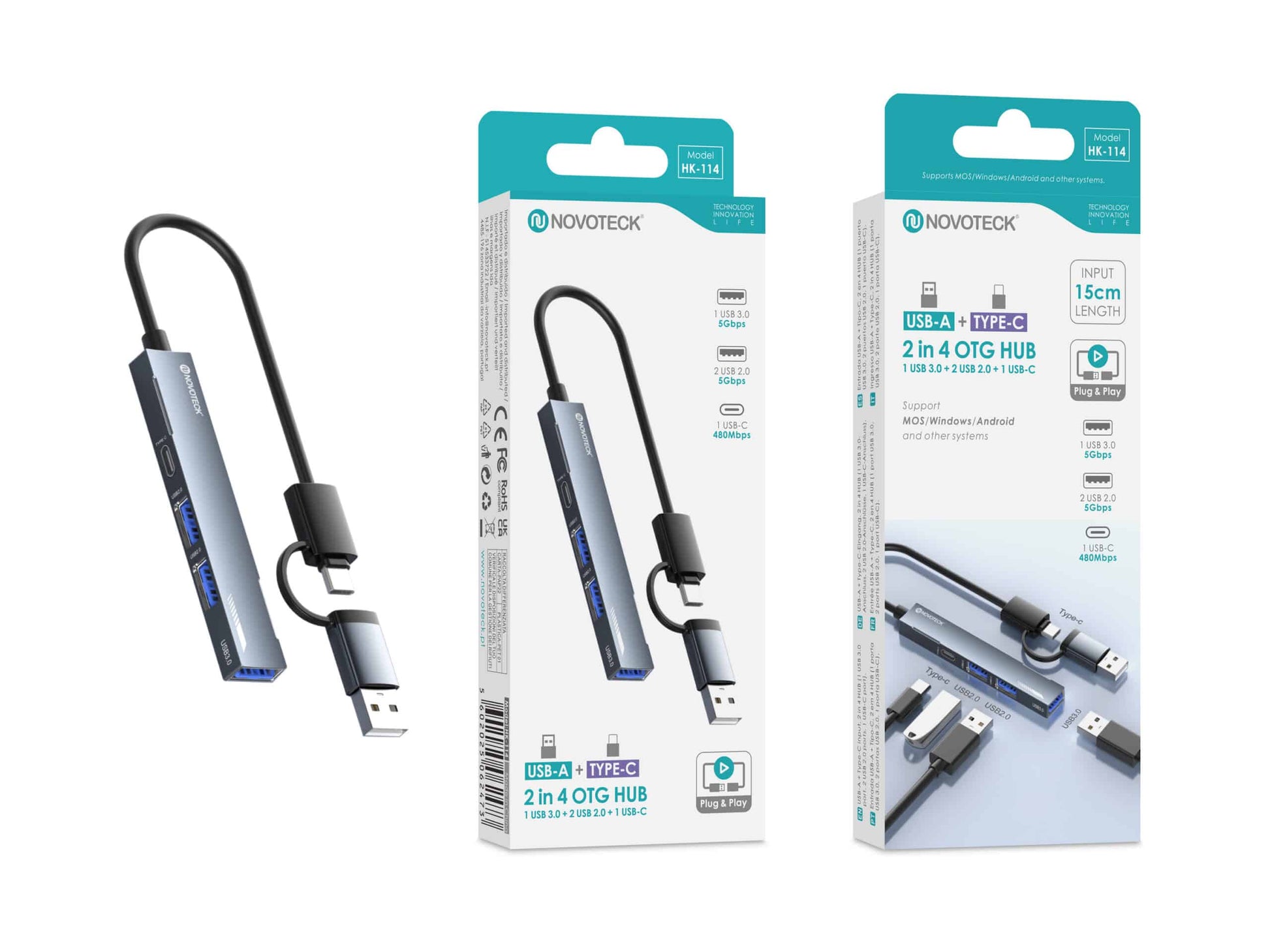 Hub USB-A + USB-C HK-114 2 em 4 com 1 USB 3.0 + 2 USB 2.0 + 1 USB-C