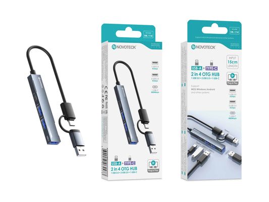 Hub USB-A + USB-C HK-114 2 em 4 com 1 USB 3.0 + 2 USB 2.0 + 1 USB-C