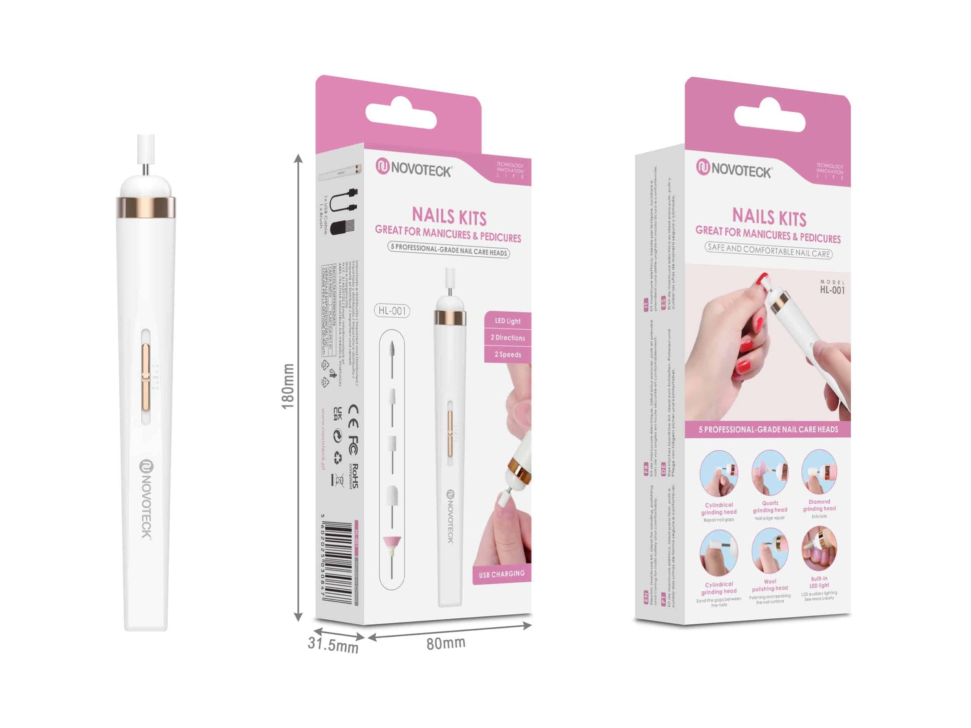 Kit Elétrico para Manicure e Pedicure Novoteck HL-001 – 5 Cabeças Profissionais, 2 Velocidades, LED, Recarregável USB