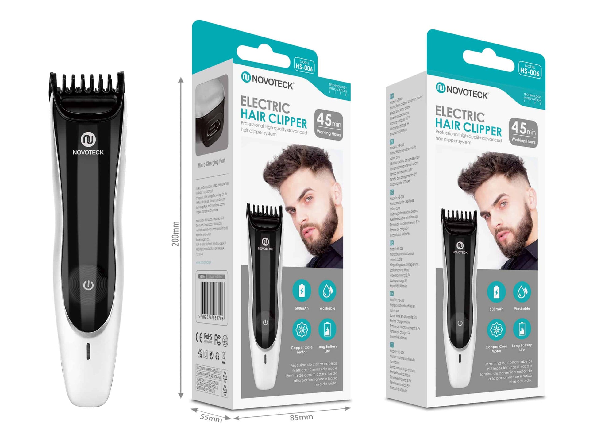 Máquina de Cortar Cabelo HS-006 - Recarregável, Lâminas Laváveis, Motor de Alta Precisão