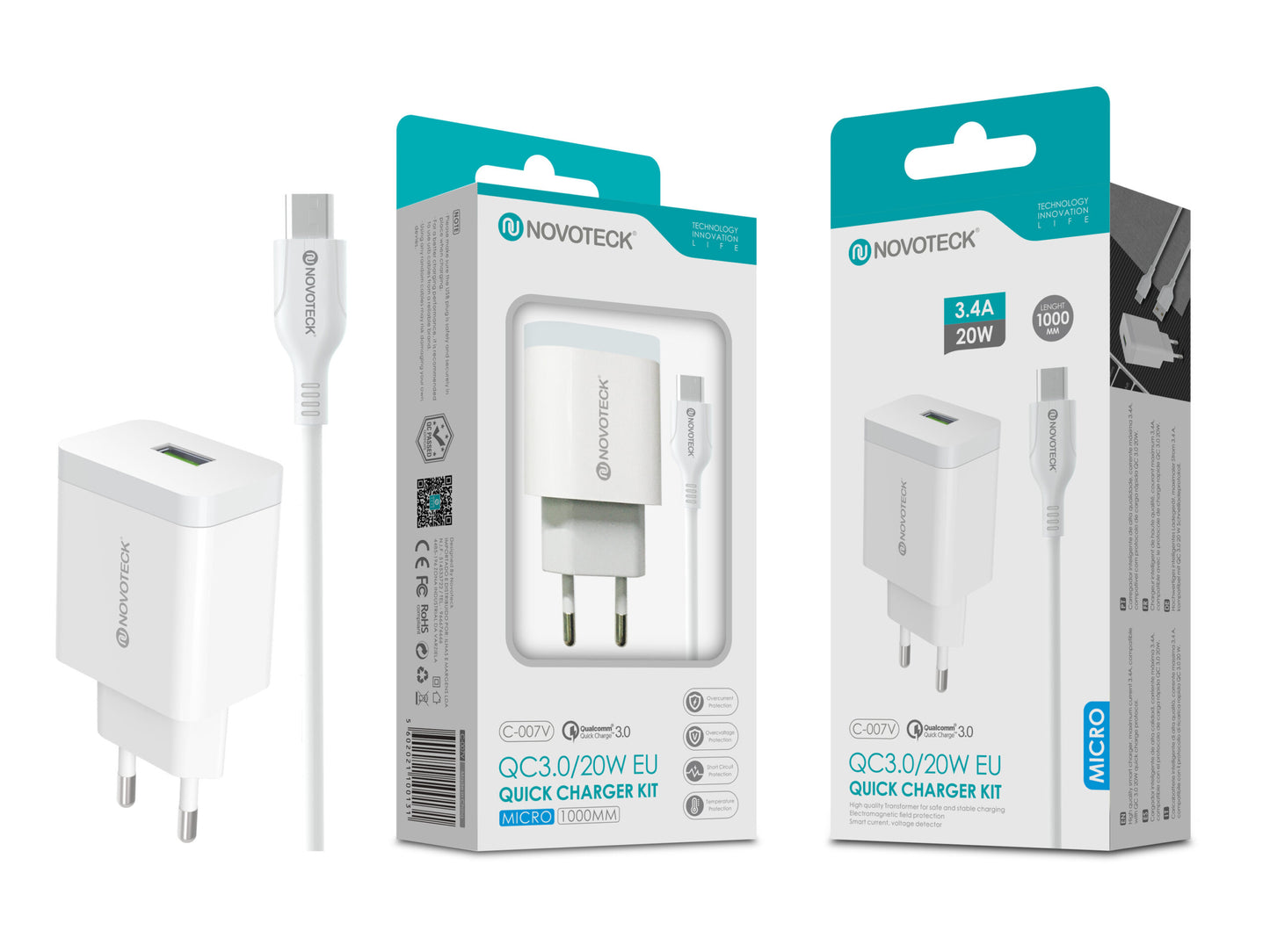 Carregador com Cabo Micro QC 3.0 20W 3.4A 1 USB NOVOTECK C-007V