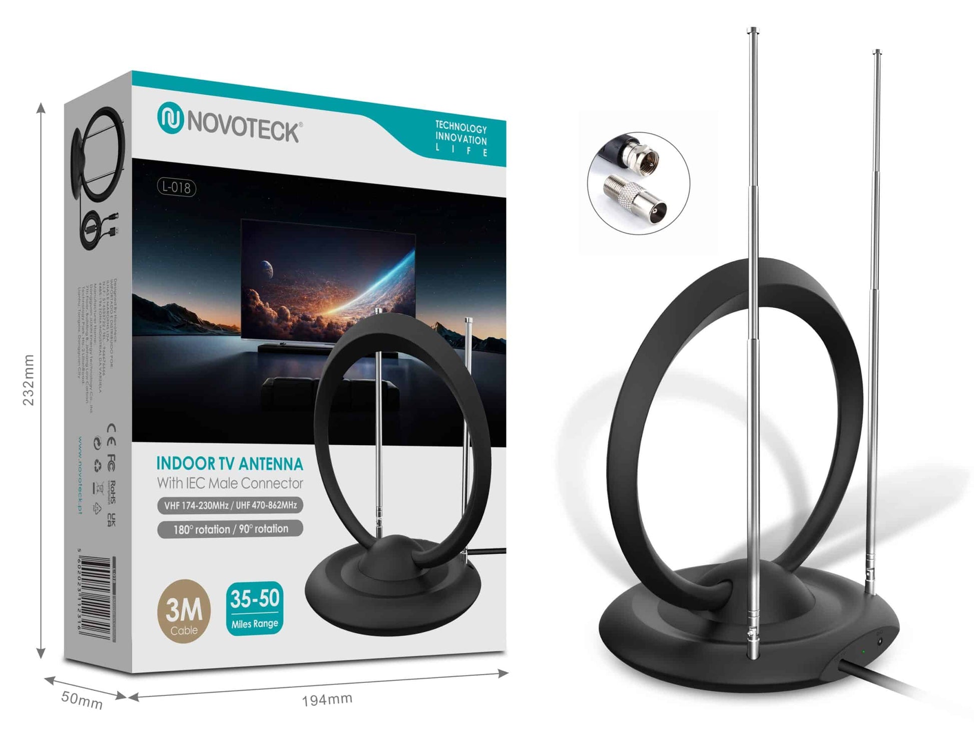 Antena de TV Interna Novoteck L-018 – Alcance de 35-50 Milhas, VHF/UHF, Rotação de 180°, Cabo de 3m, Design Anel Duplo, Conector IEC Masculino