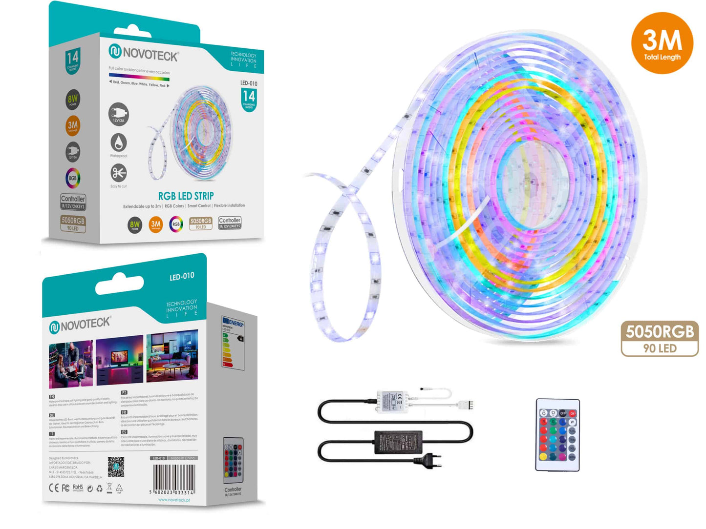 Fita Led 3M 12V 5050Rgb 90Led 8W Ip65 LED-010