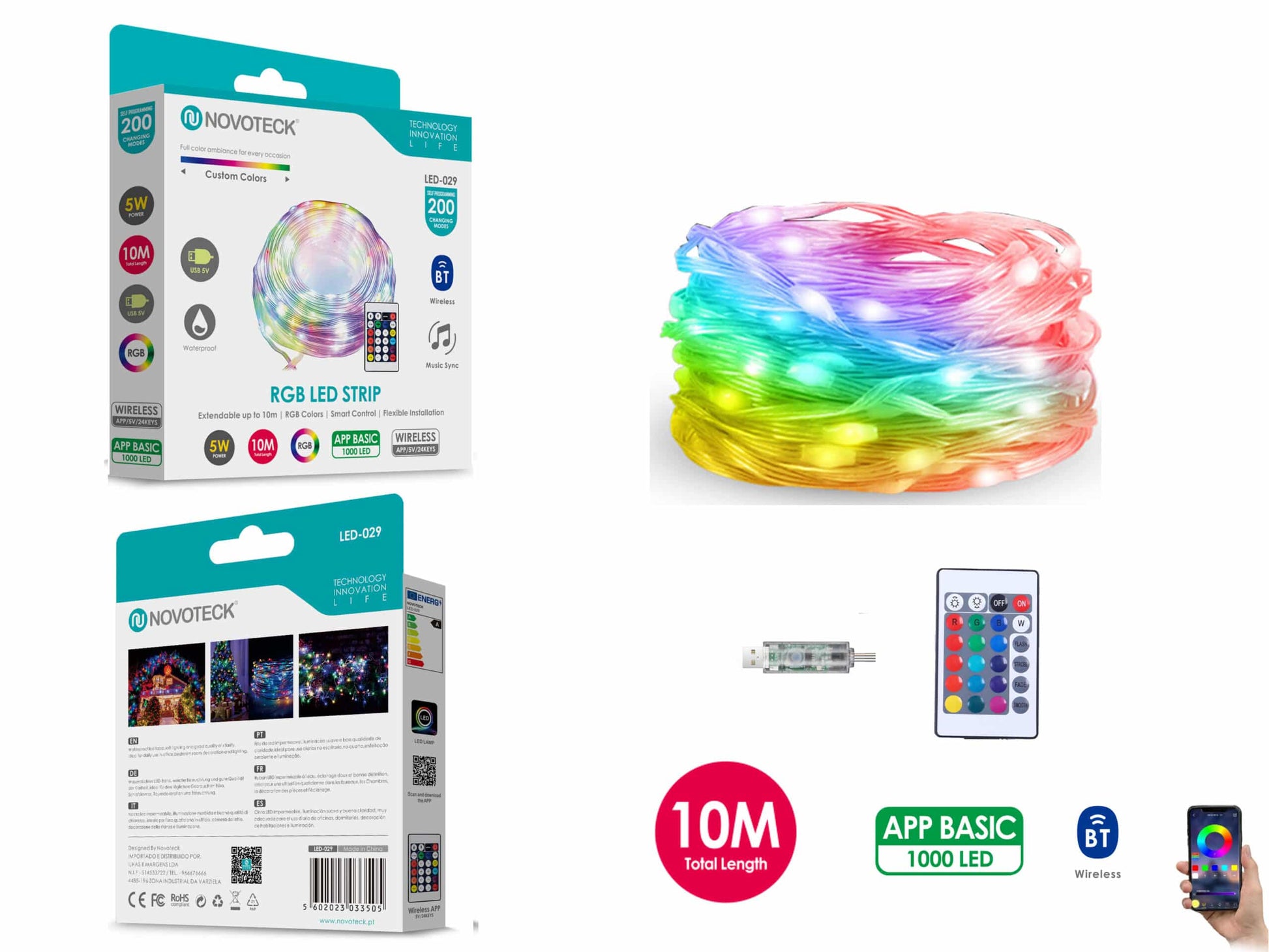 Fita LED Strip RGB Interativa Novoteck LED-029 - 10m, 1000 LEDs, 5W, Bluetooth, Controle por App, IP65