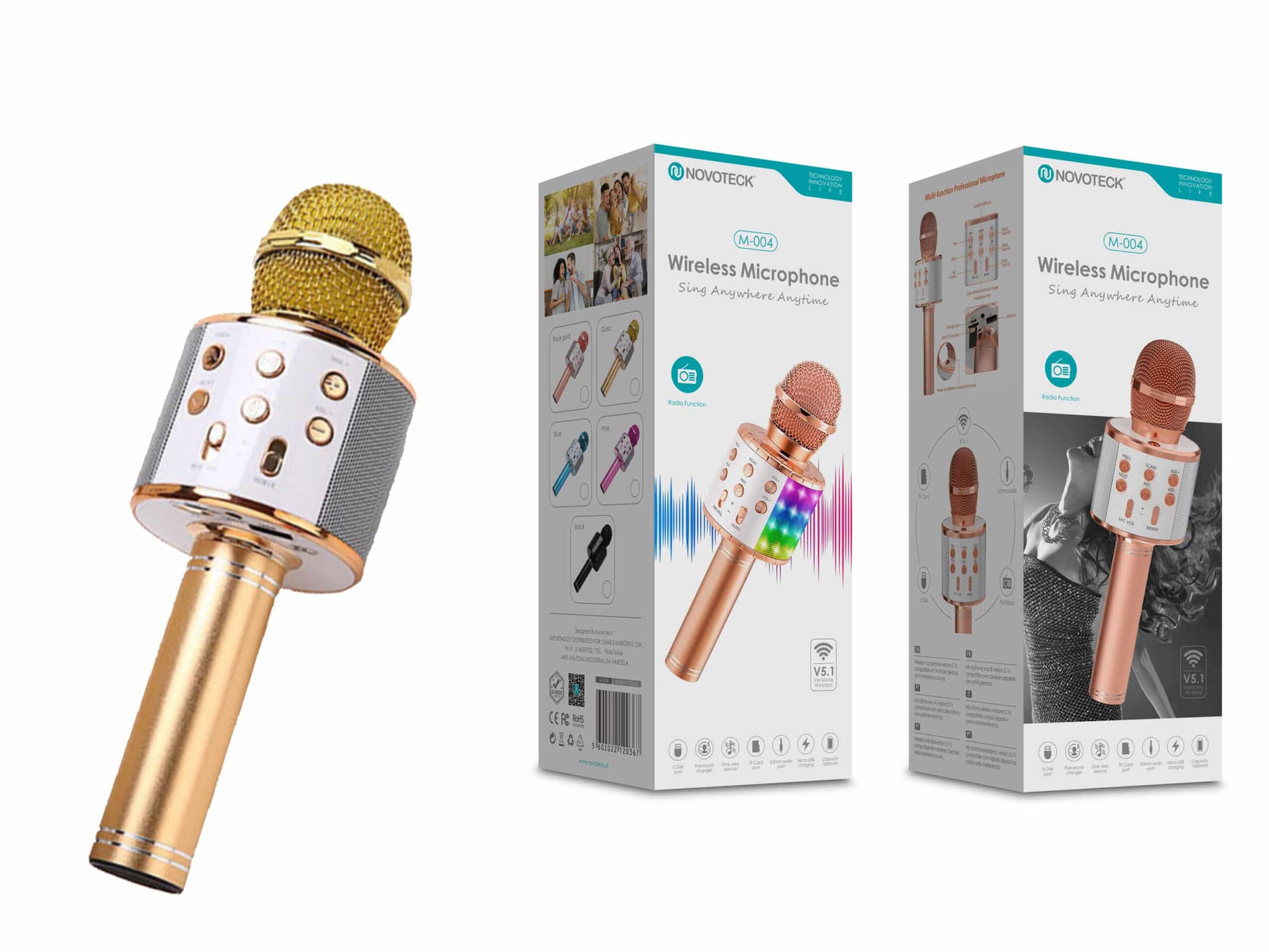 Microfone Bluetooth Sem Fios Dourado M-004 com Alto-Falante Integrado e Luz LED – Karaokê Portátil