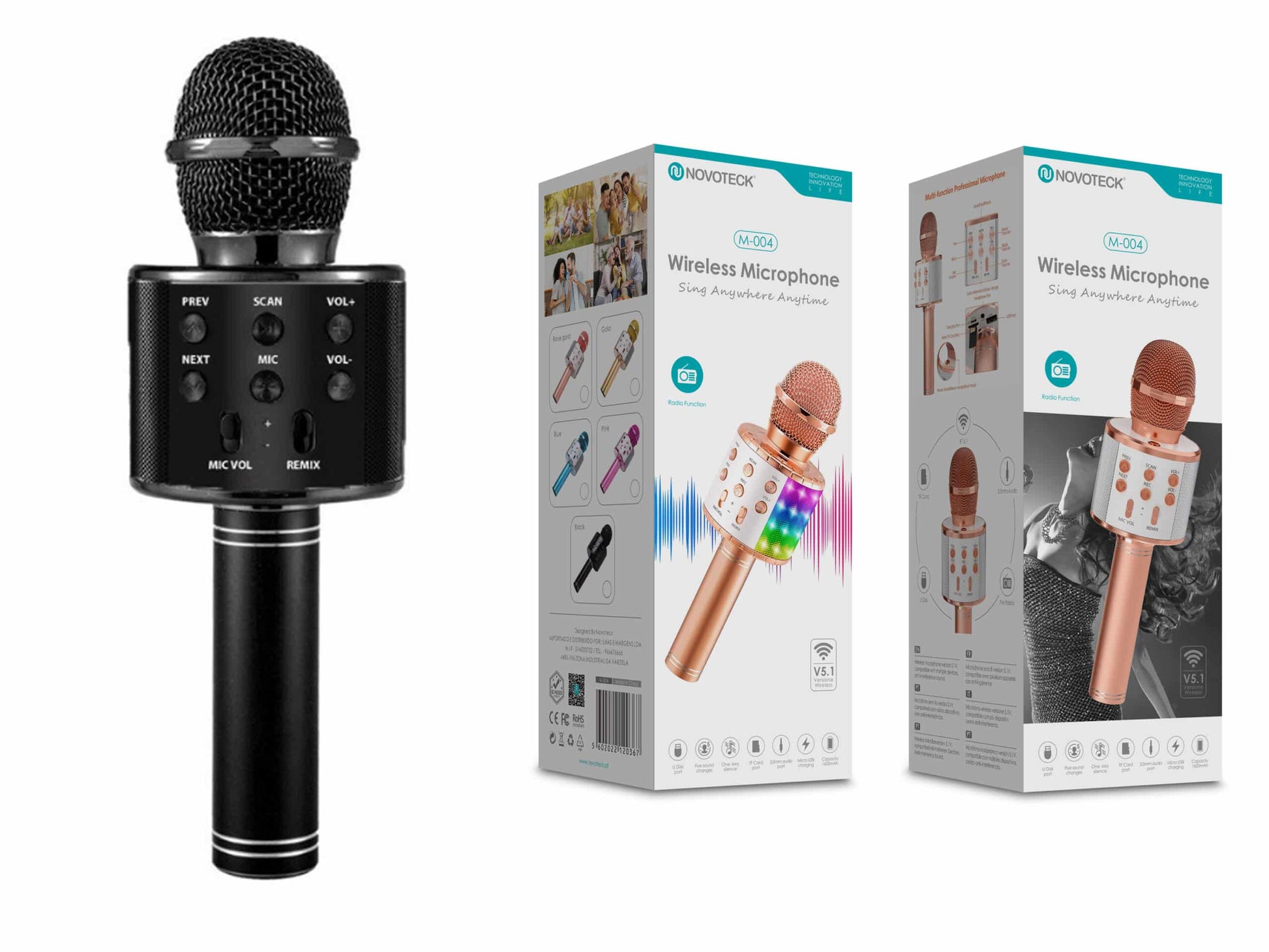 Microfone Bluetooth Sem Fios Negro M-004 com Alto-Falante Integrado e Luz LED – Karaokê Portátil