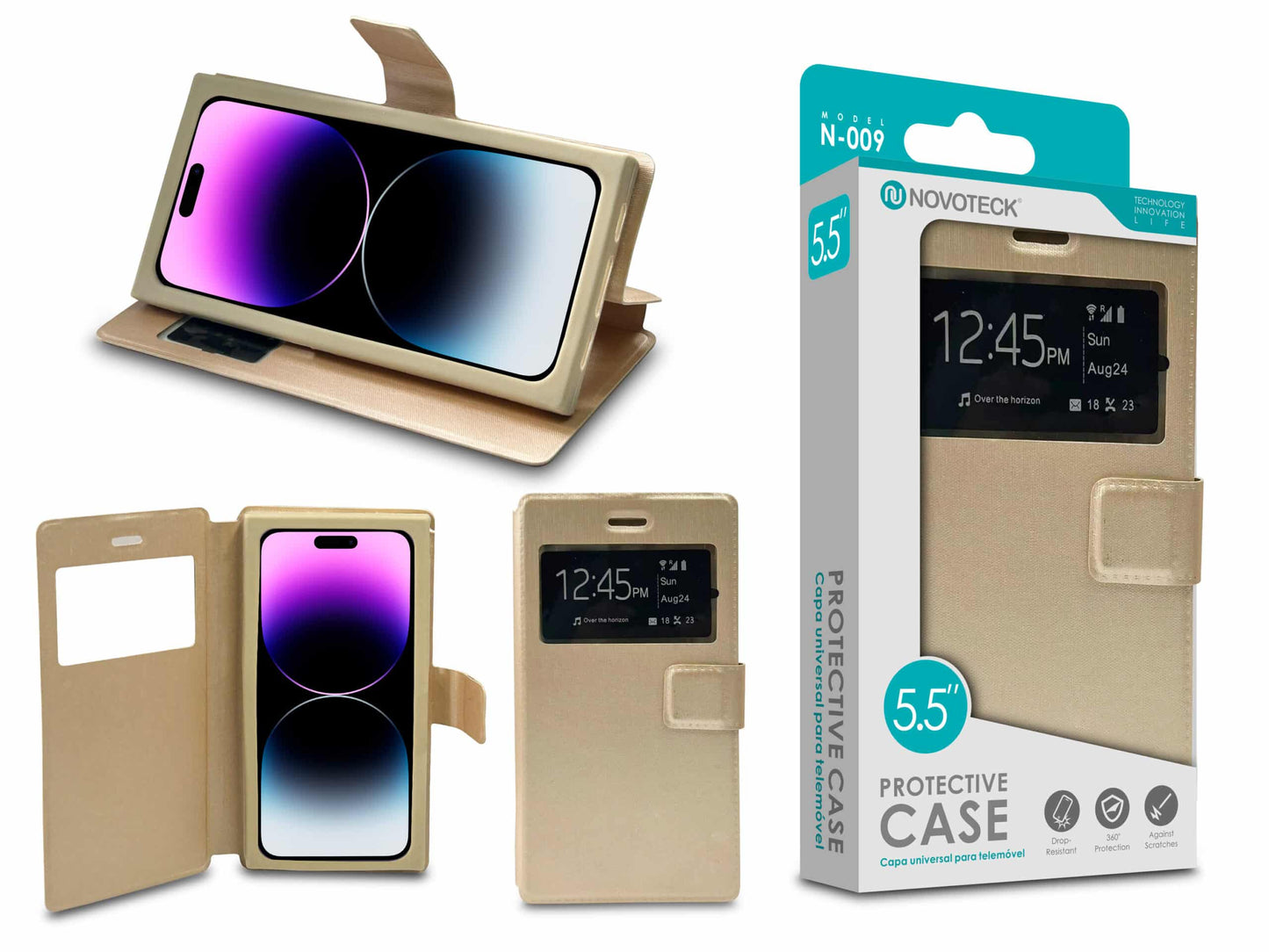 Capa Protetora Universal Dourado para Smartphone de 5.5'' N-009 - Visor Inteligente, Resistência a Impactos e Suporte Integrado