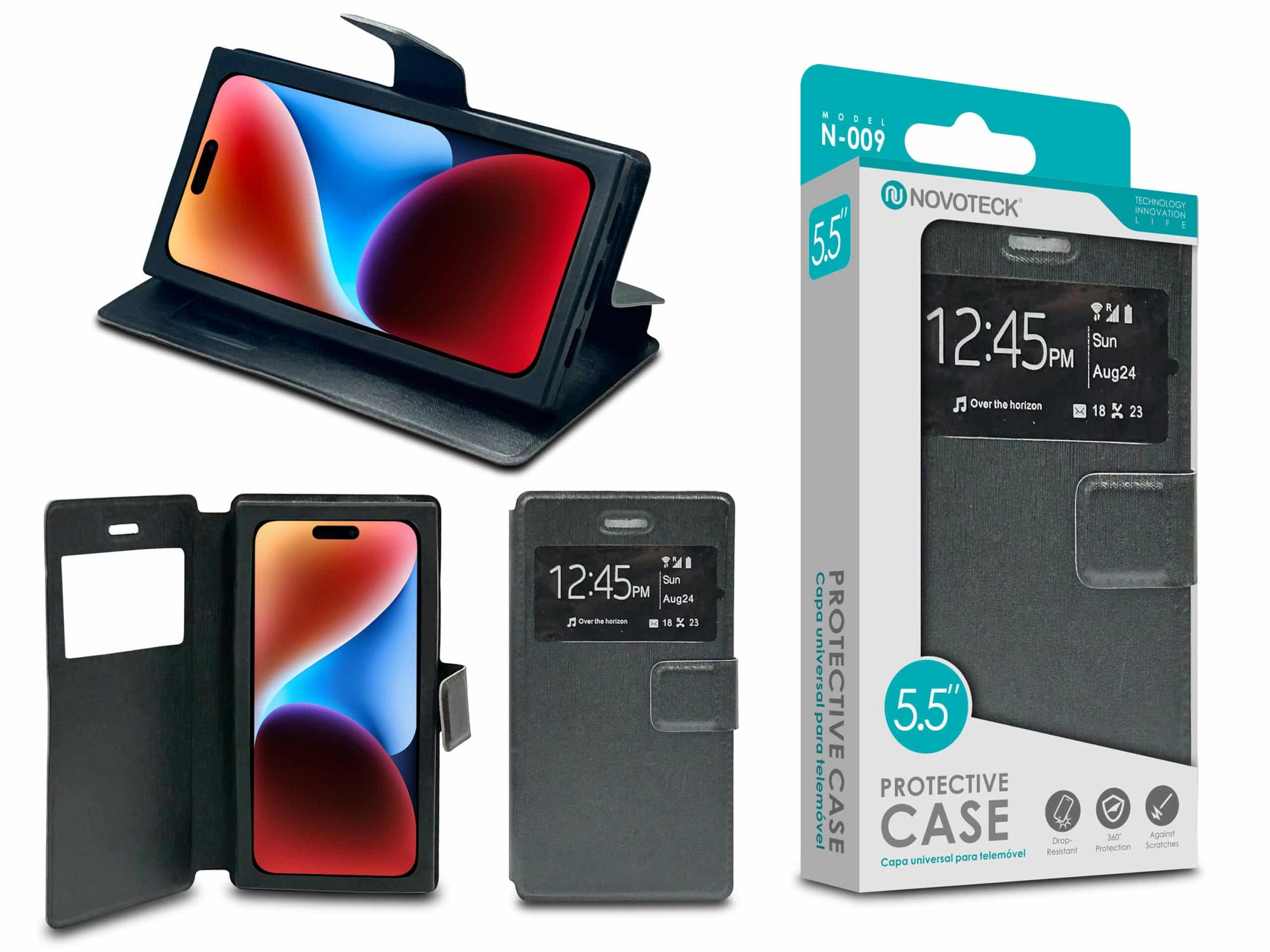 Capa Protetora Universal Negro para Smartphone de 5.5'' N-009 - Visor Inteligente, Resistência a Impactos e Suporte Integrado