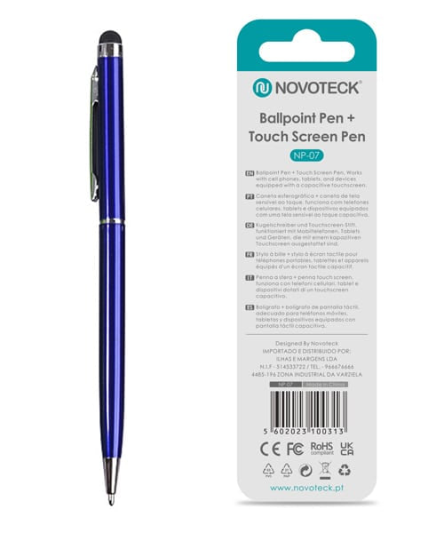 Caneta 2 em 1 Novoteck NP-07 – Esferográfica e Touch Screen, Compatível com Dispositivos Capacitivos, Disponível em Múltiplas Cores Azul