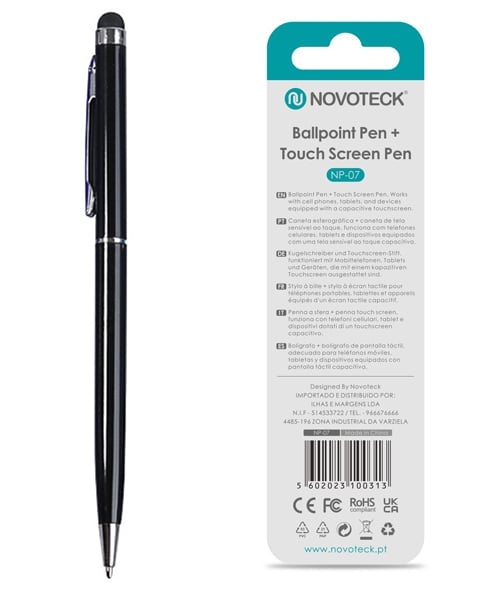 Caneta 2 em 1 Novoteck NP-07 – Esferográfica e Touch Screen, Compatível com Dispositivos Capacitivos, Disponível em Múltiplas Cores Negro