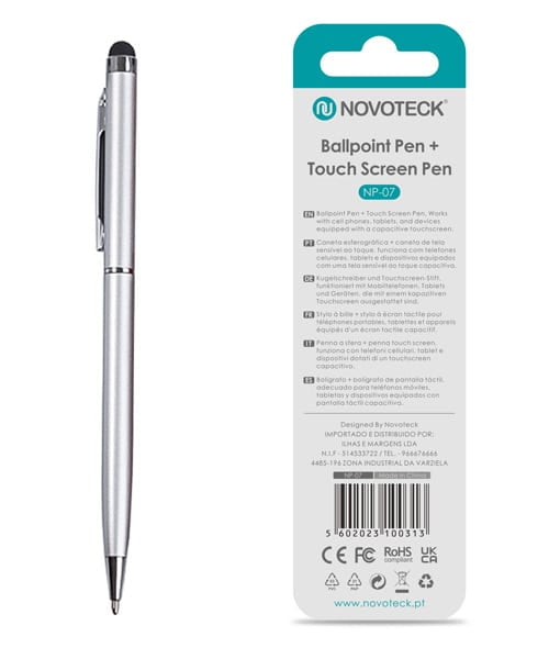 Caneta 2 em 1 Novoteck NP-07 – Esferográfica e Touch Screen, Compatível com Dispositivos Capacitivos, Disponível em Múltiplas Cores Prateado
