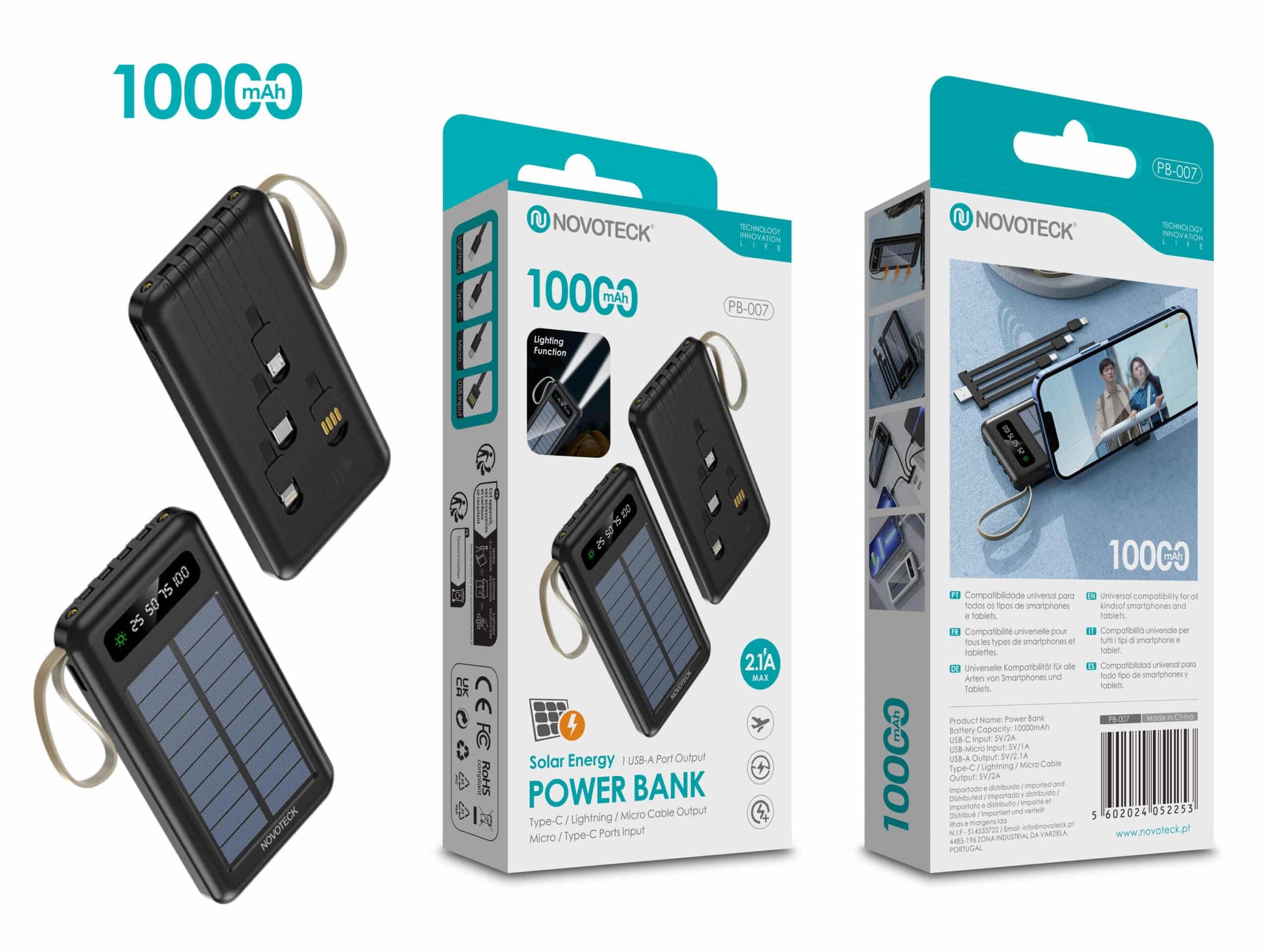 Power Bank Solar 10000mAh PB-007 com Carregamento Solar e Função Lanterna