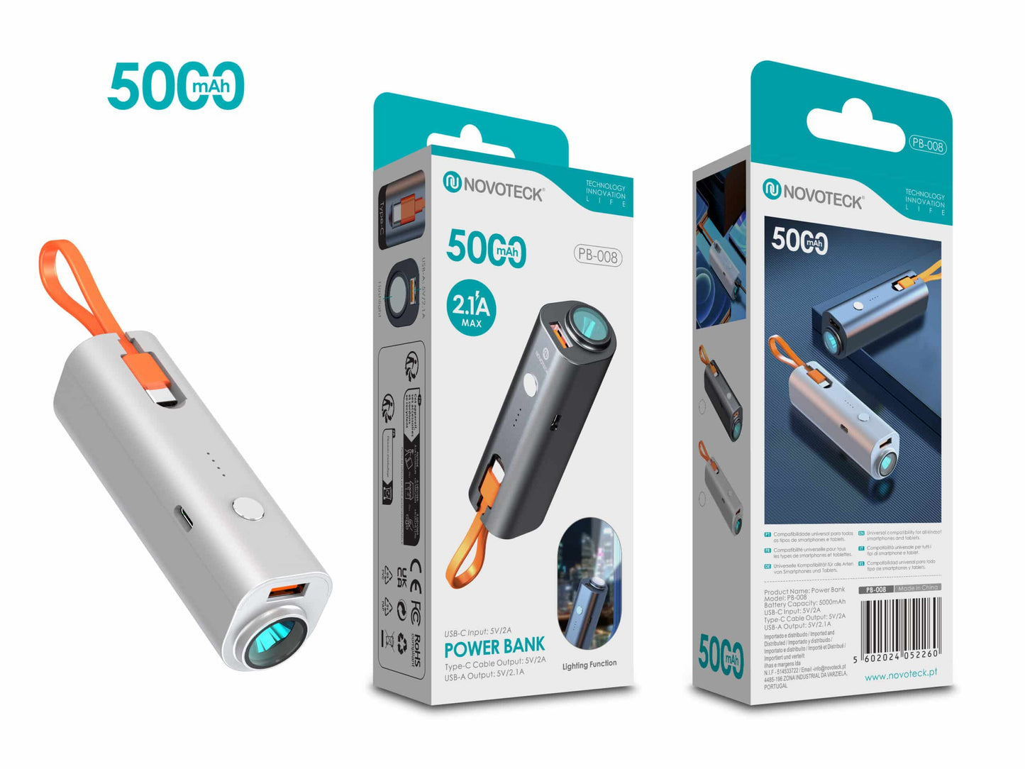 Power Bank Portátil 5000mAh PB-008 Branco com Lanterna e Cabo Integrada