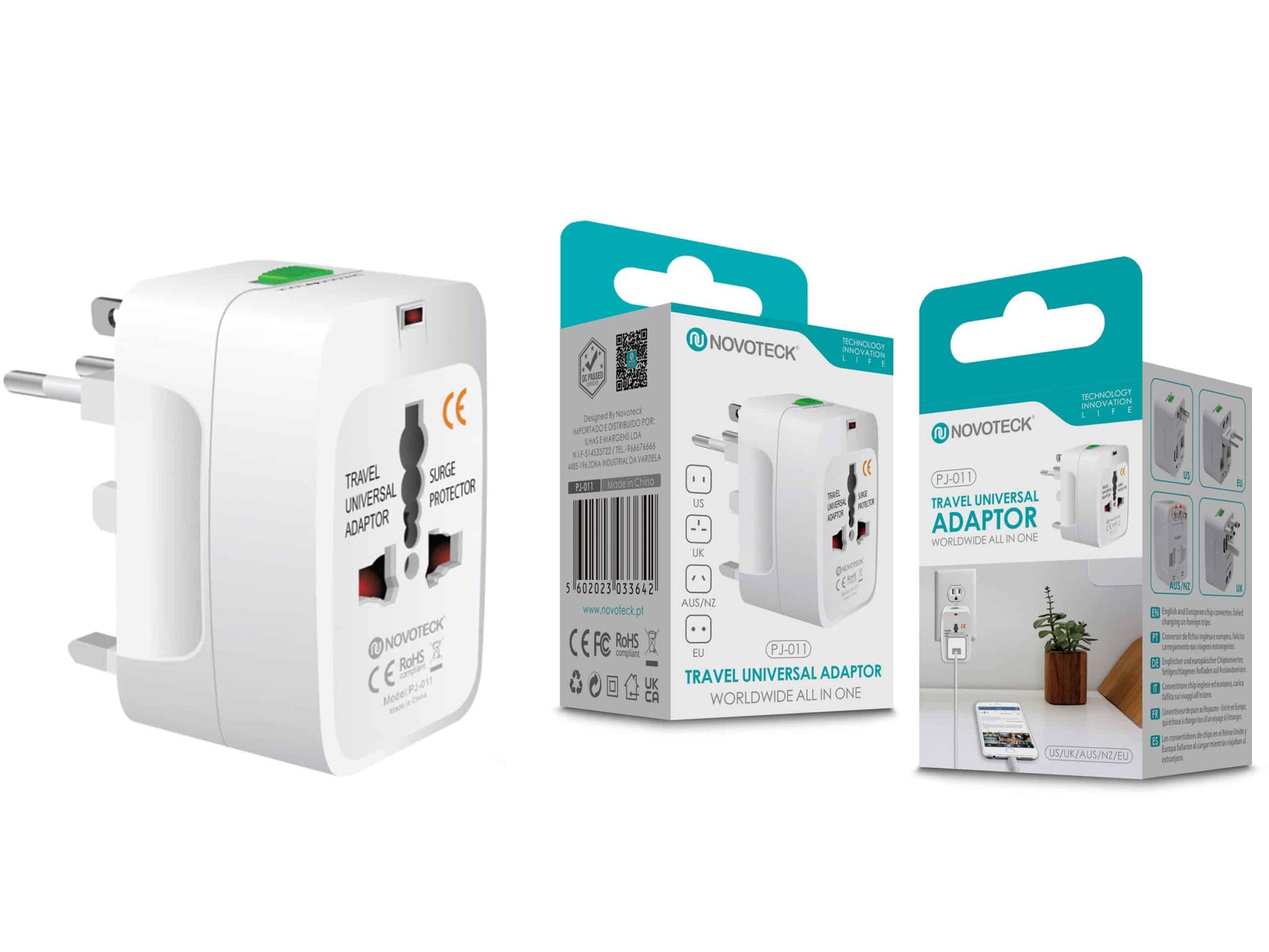 Adaptador Universal de Viagem NOVOTECK PJ-011 - Compatível Mundialmente, Proteção contra Surtos, Design Portátil US-UK-EU-AUS