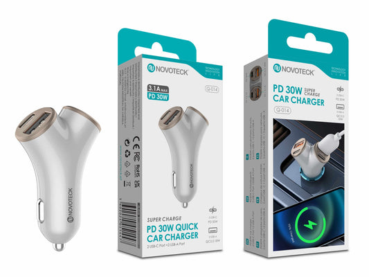 Carregador Rápido para Carro Q-014 – PD 30W com 2 USB-C + 2 USB-A