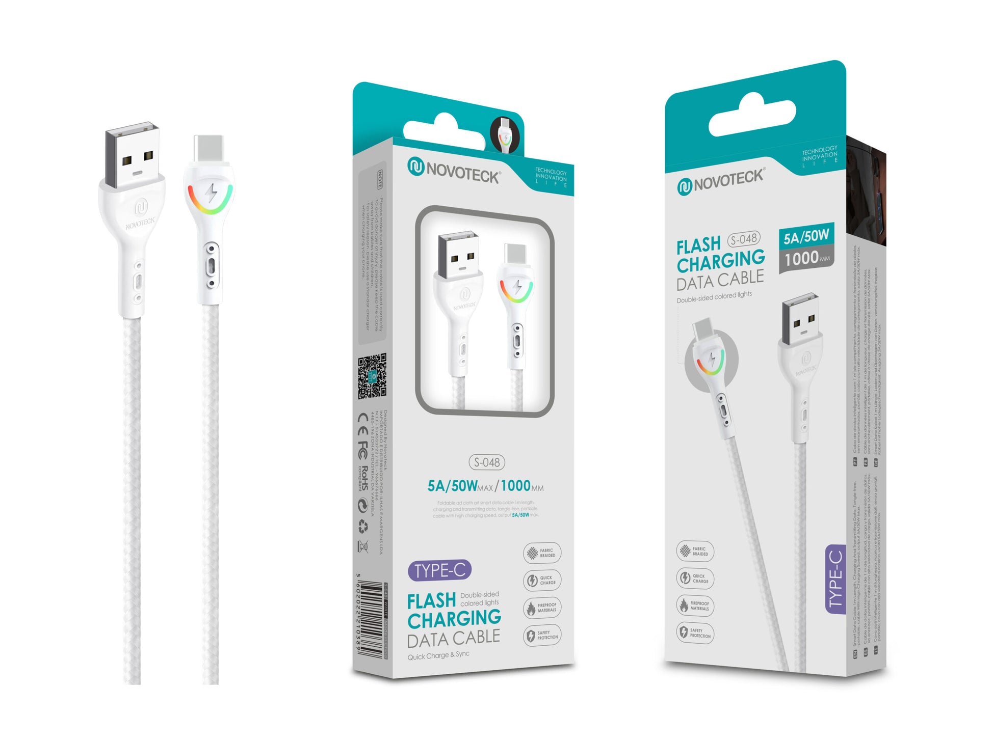 Cabo Type-C Branco 5A 50W 1M S-048 com Luz Indicador