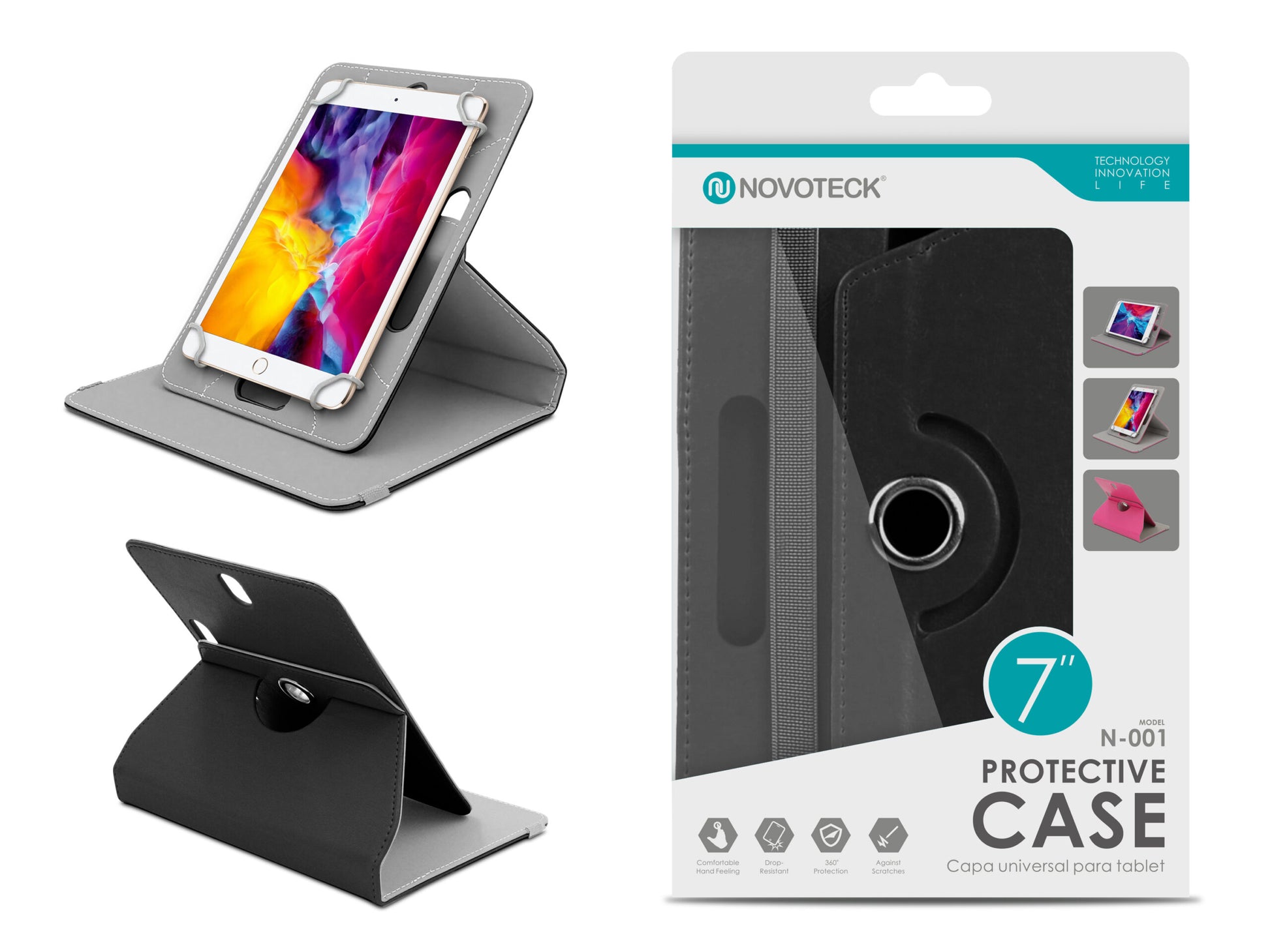 Capa Protetora Universal Negro para Tablet de 7'' - N-001 - Confortável, Resistente a Quedas e com Suporte Ajustável