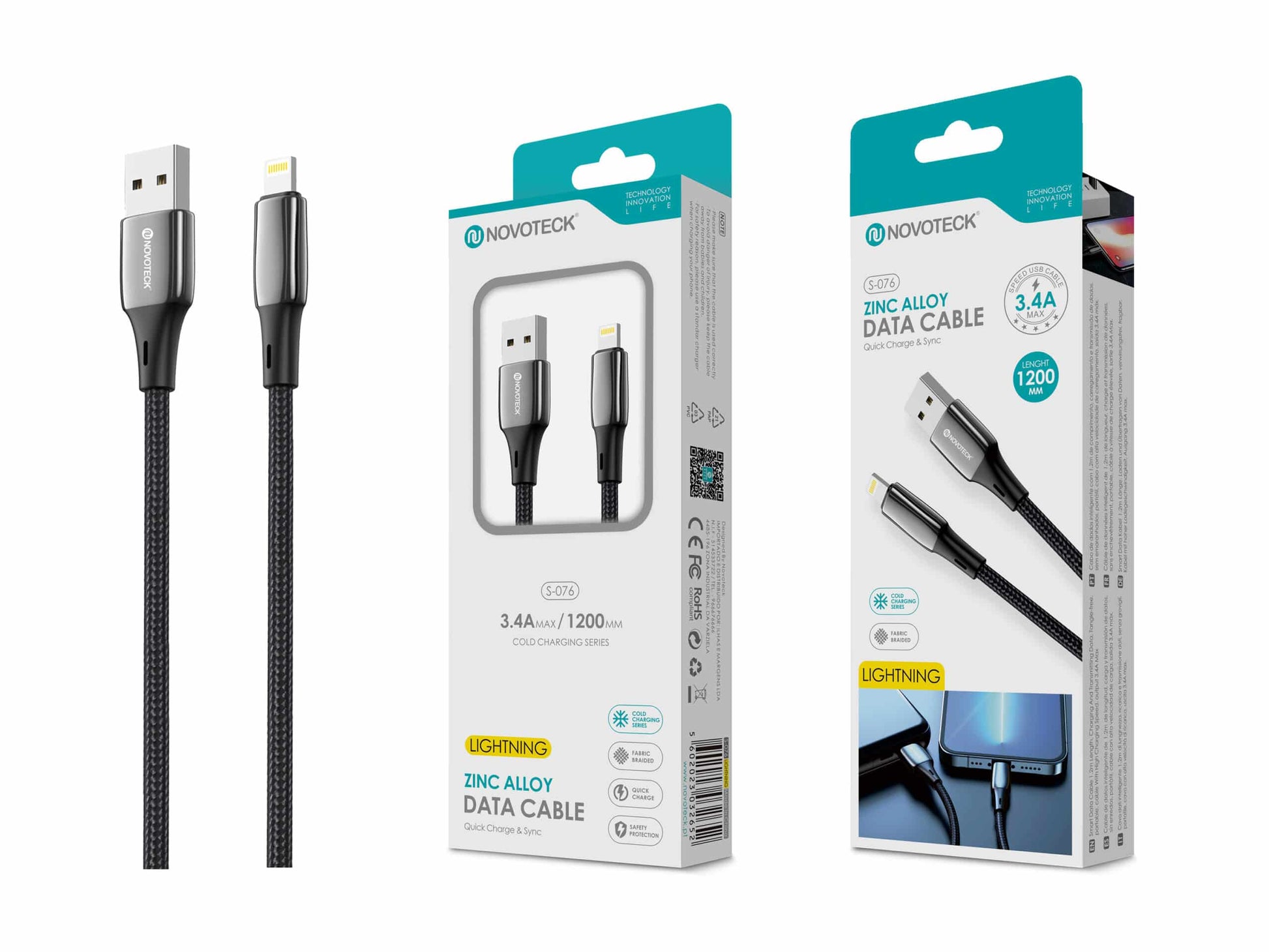 Cabo Lightning de Liga de Zinco 3.4A 1.2m, Trançado em Nylon S-076
