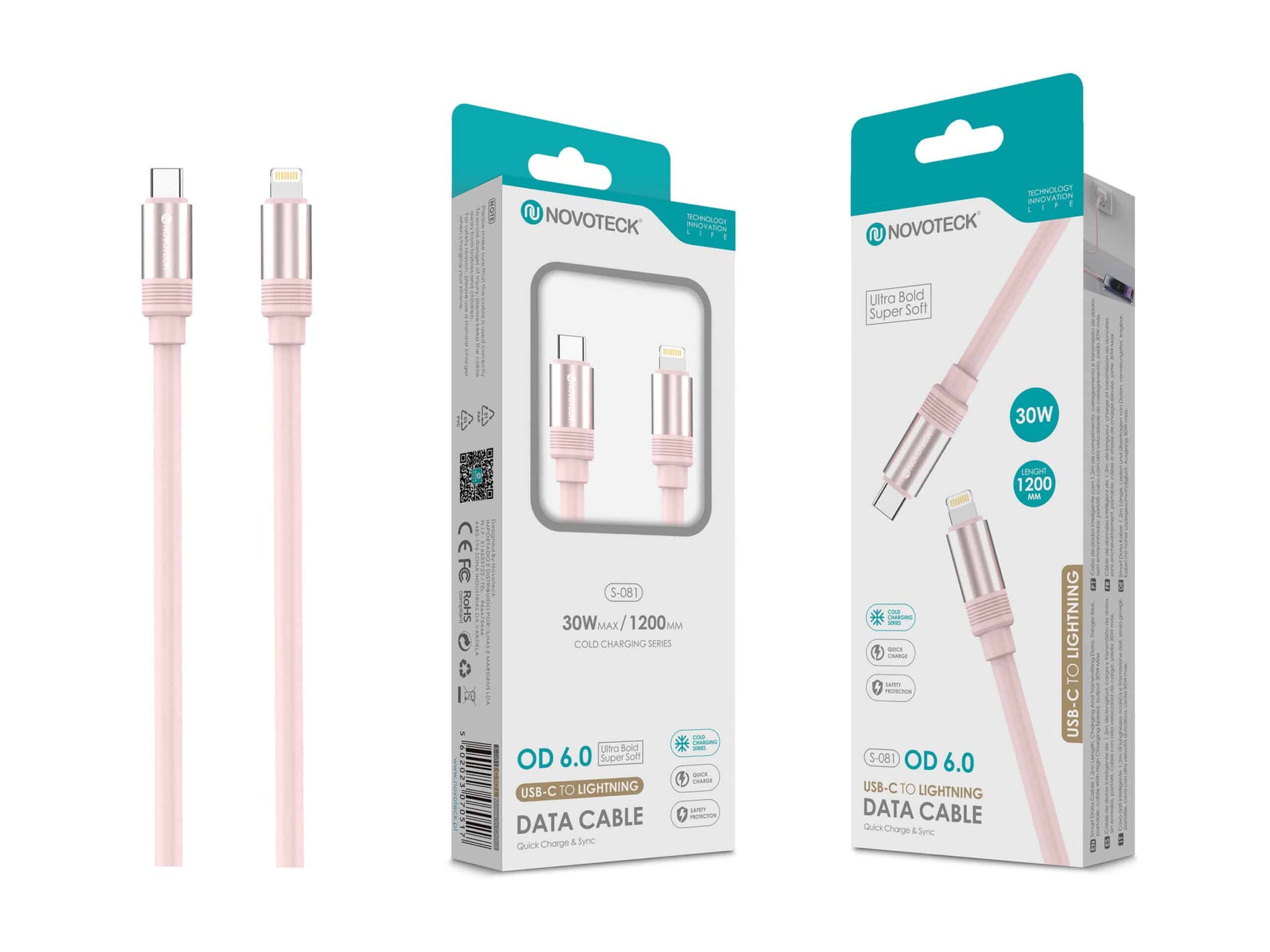Cabo USB-C para Lightning Rosa PD 30W,OD 6.0 Super Grosso, 1.2m, S-081