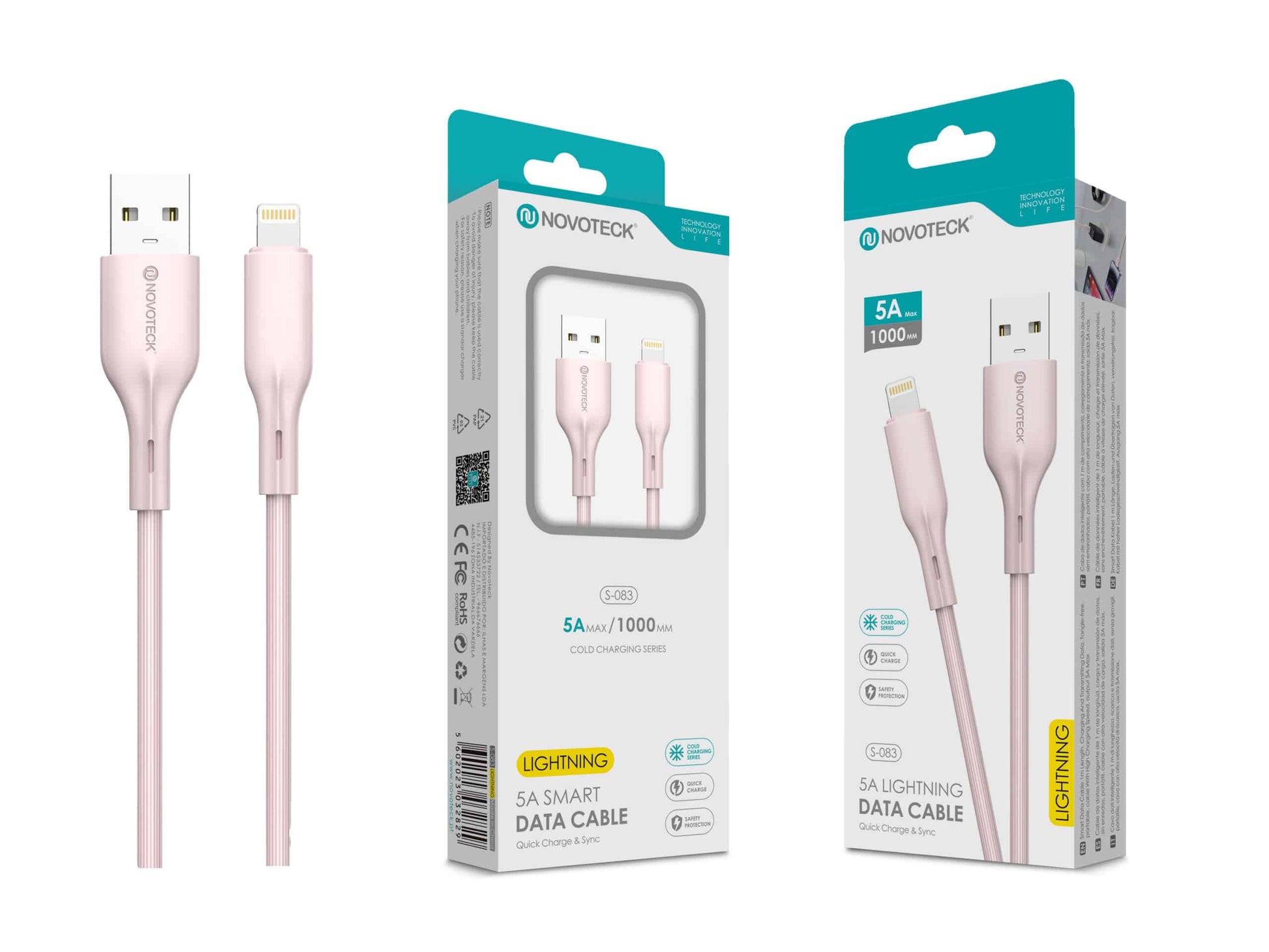 Cabo de Dados Fast Charge 5A PVC Macaron Design Rosa Lightning USB 1.0M