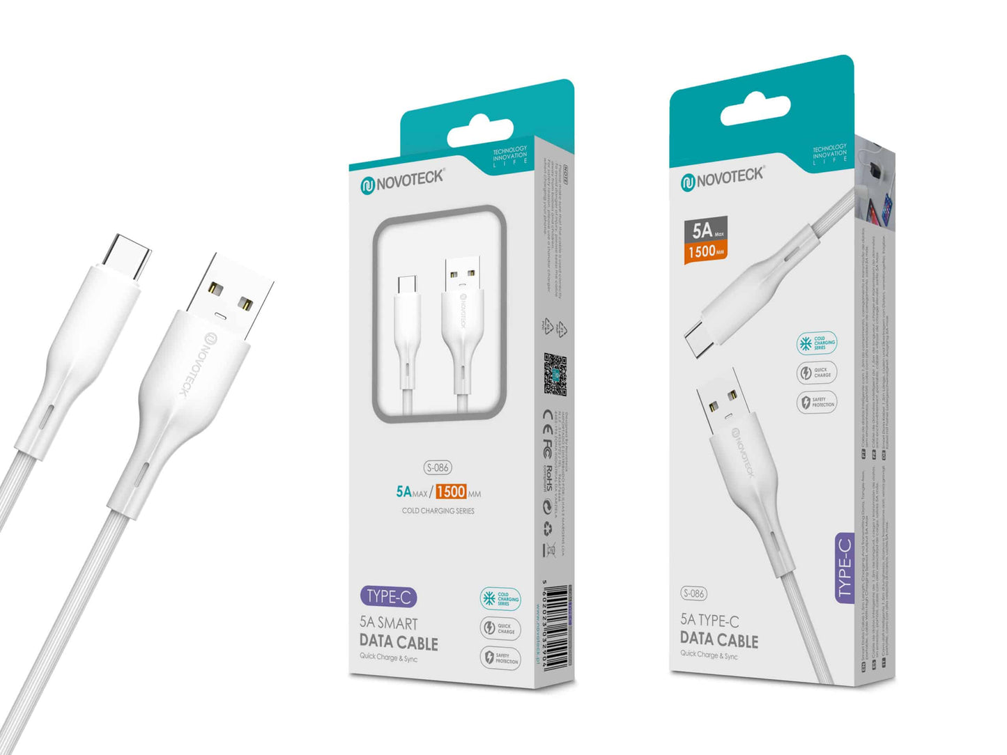 Cabo de Dados Fast Charge 5A PVC Macaron Design Branco Type-C USB 1.5M