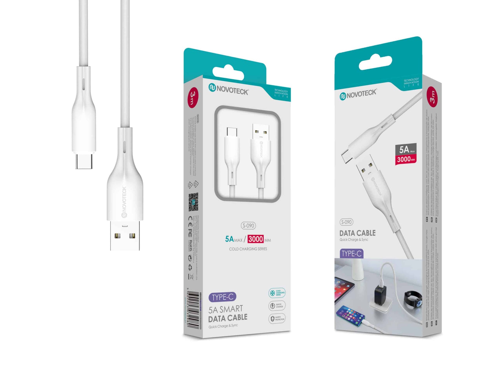 Cabo de Dados Type-C Branco 3M,5A, S-090
