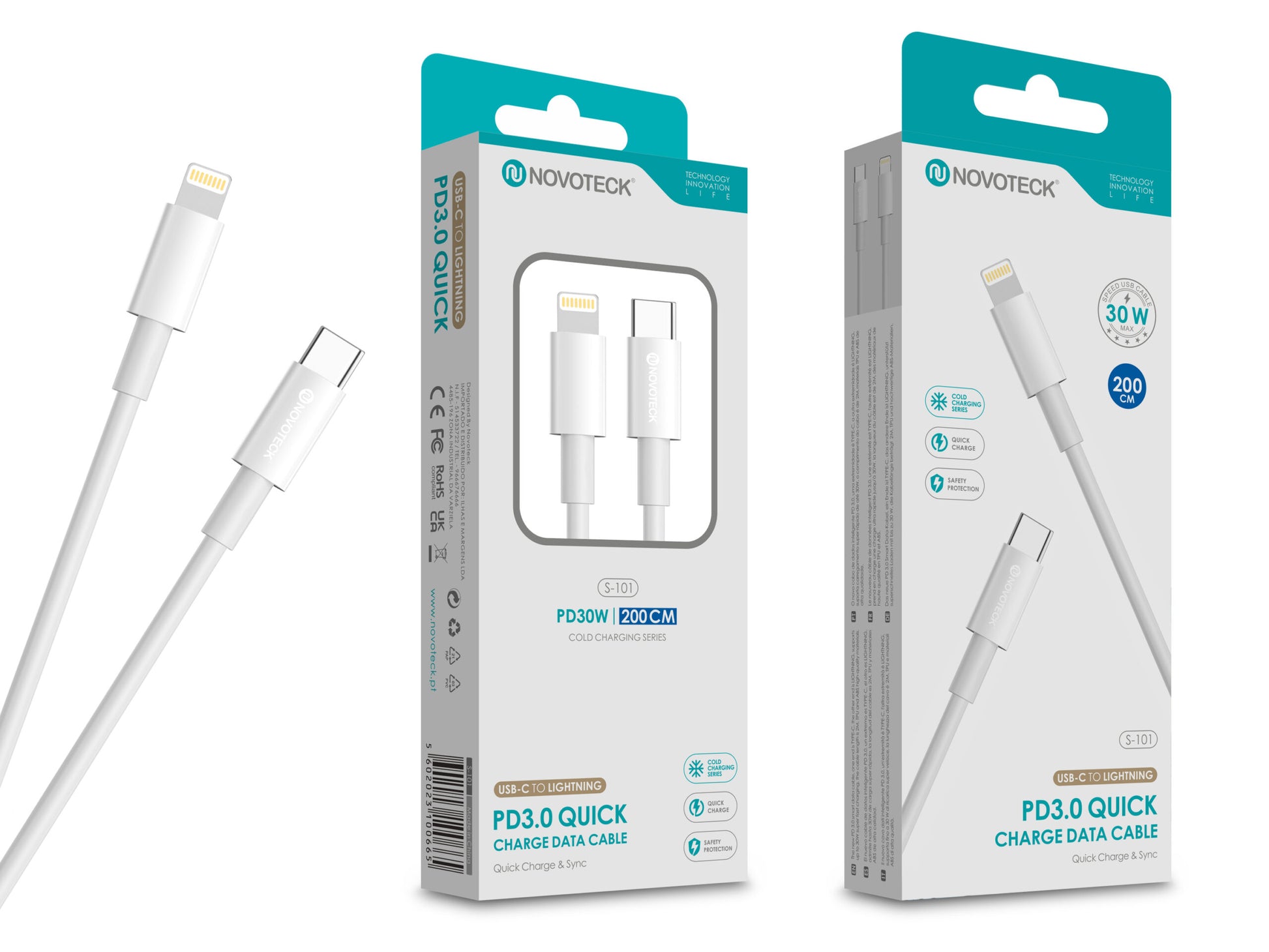 Cabo USB-C para Lightning NOVOTECK S-101 - Carregamento Rápido PD 3.0, Dados, 30W, 200cm